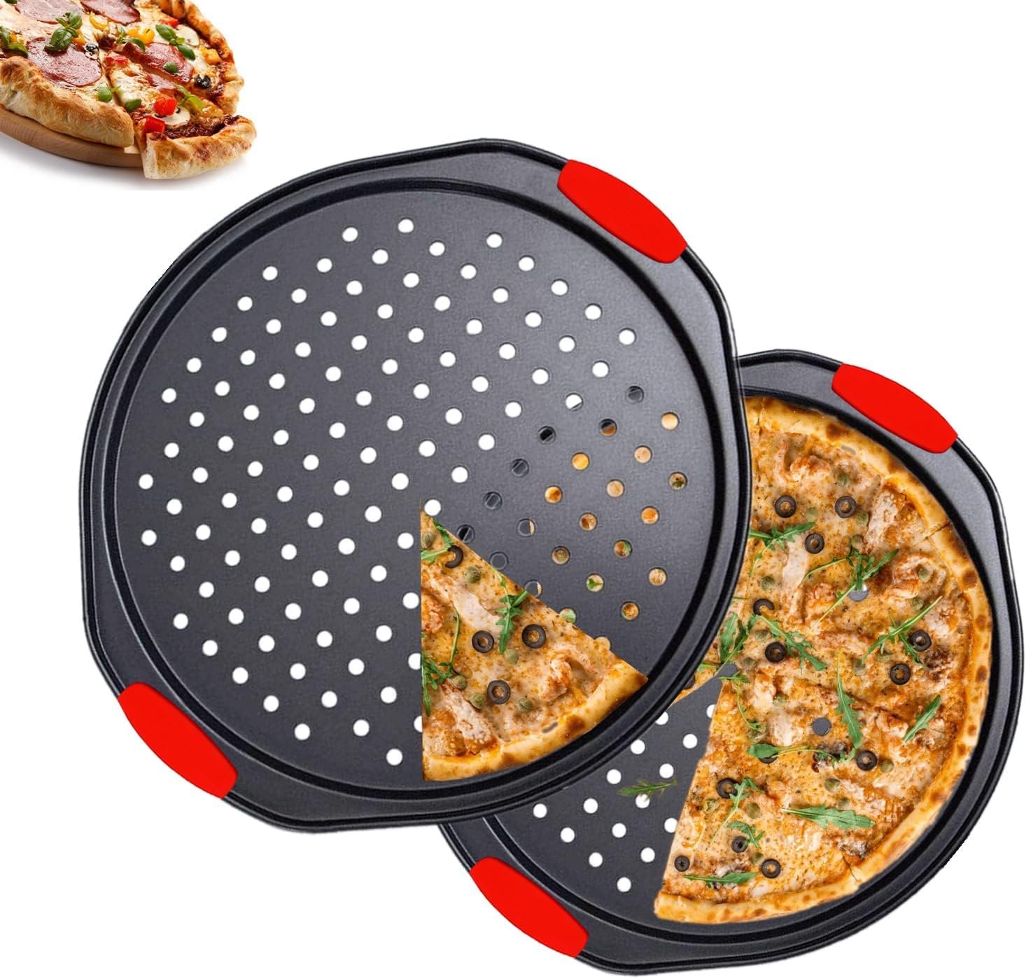 Rarapop Pizza Pan with Silicone Handles –Versatile 14-Inch carbon steel baking pan with hole Ideal for Cooking, Baking, and Grilling - Durable, Even Heating, and Long-Lasting Kitchen Cookware(2 pack)