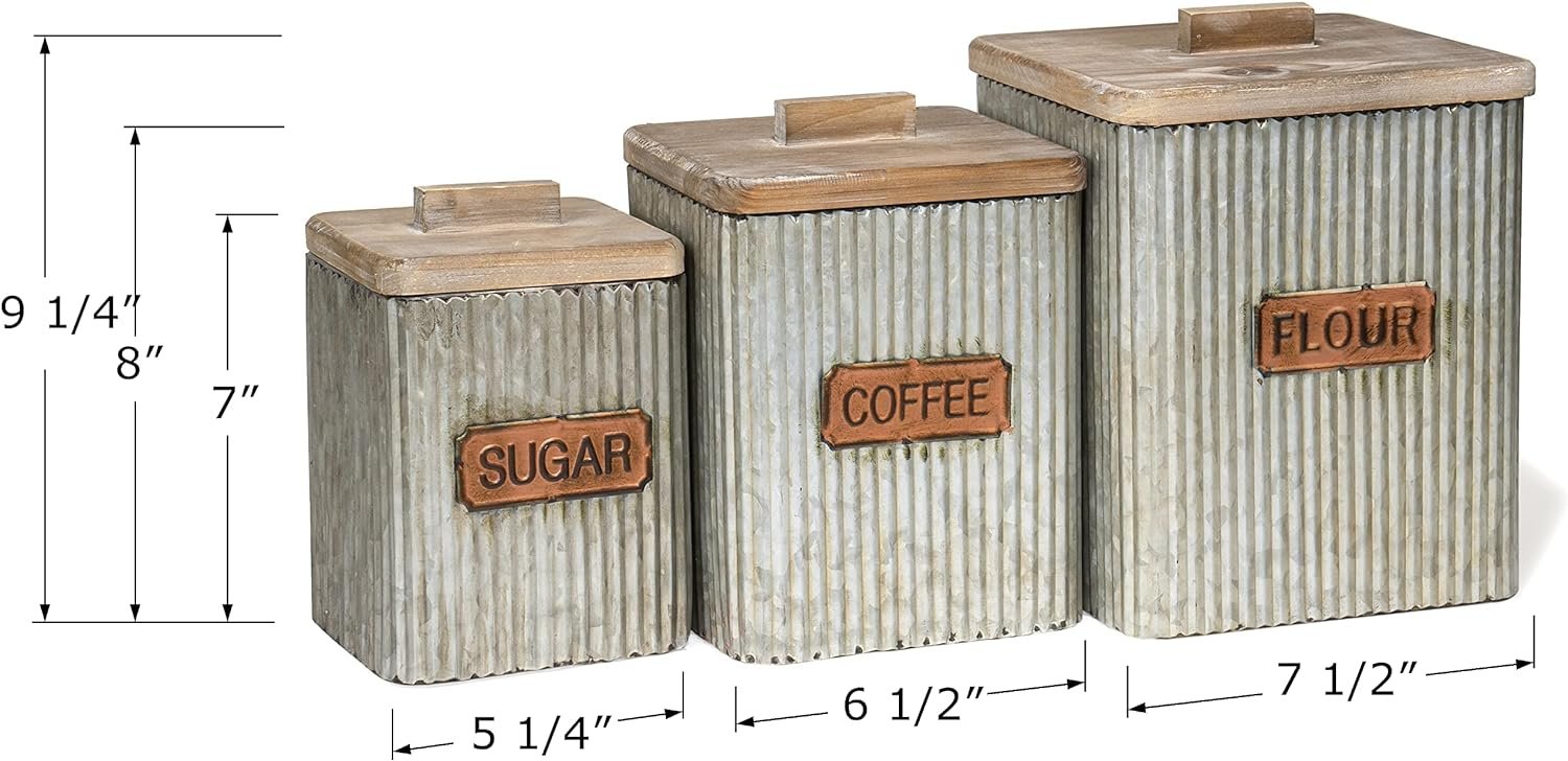 Red Co. Set of 3 Sizes, Sugar, Coffee  Flour Corrugated Storage Canister Jars with Lids, Distressed Metal  Wood