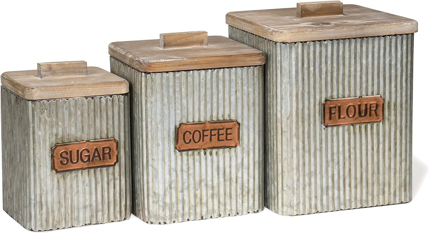 Red Co. Set of 3 Sizes, Sugar, Coffee  Flour Corrugated Storage Canister Jars with Lids, Distressed Metal  Wood