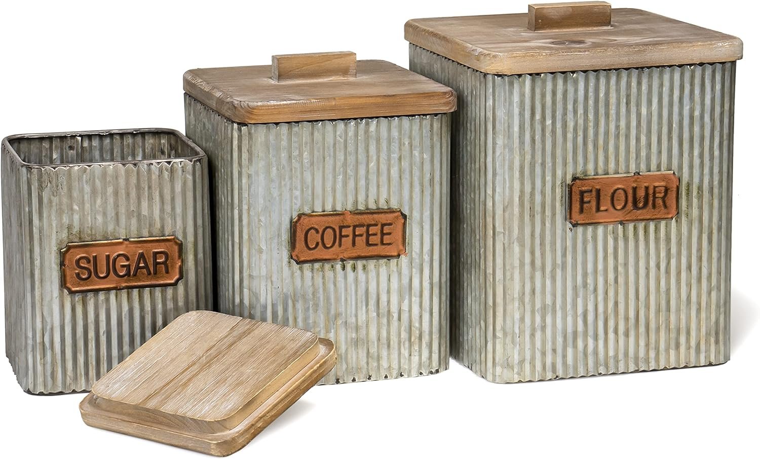 Red Co. Set of 3 Sizes, Sugar, Coffee  Flour Corrugated Storage Canister Jars with Lids, Distressed Metal  Wood