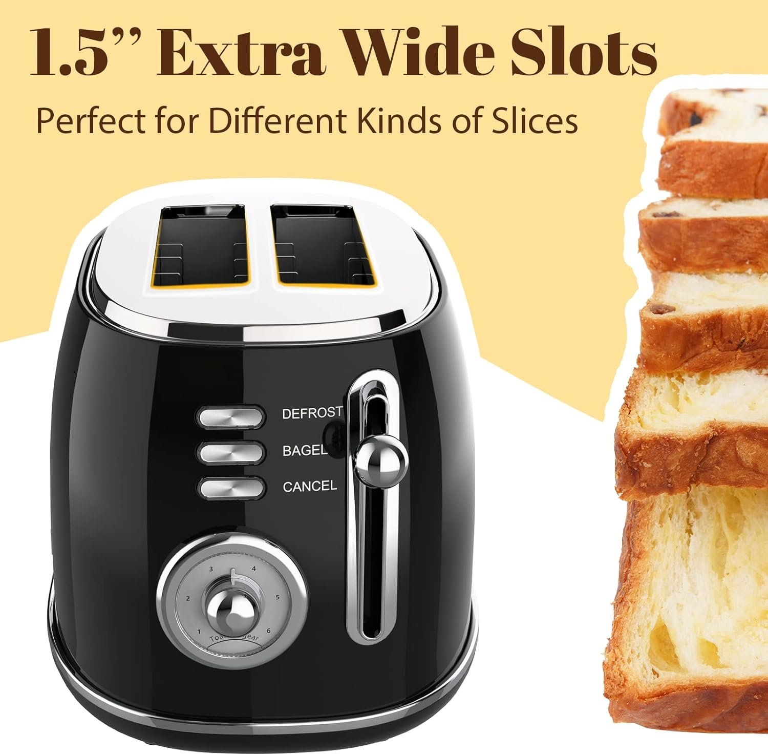 Retro 2 Slice Stainless Steel Toaster with Removable Crumb Tray, 6 Bread Shade Settings, Bagel, Defrost and Cancel Options (Black)