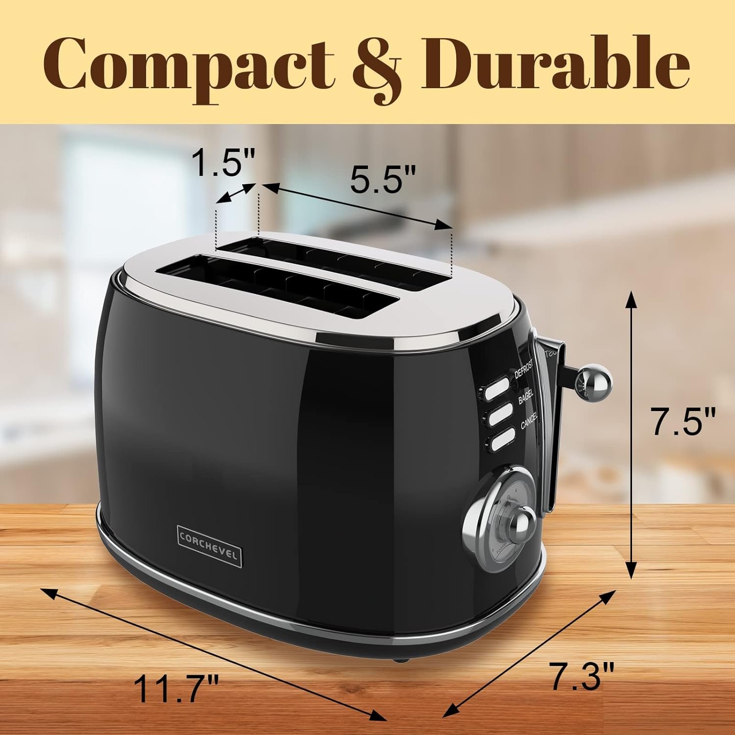 Retro 2 Slice Stainless Steel Toaster with Removable Crumb Tray, 6 Bread Shade Settings, Bagel, Defrost and Cancel Options (Black)