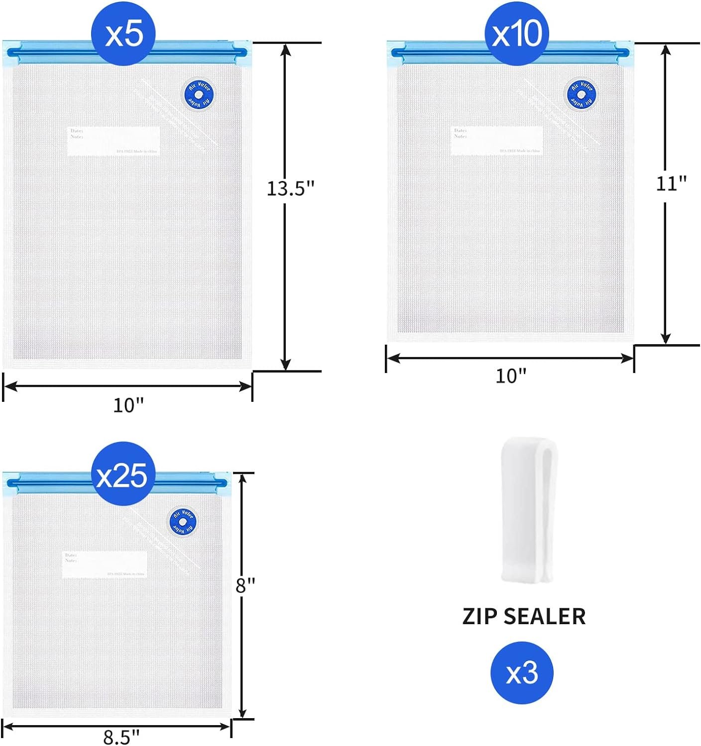 Reusable Sous Vide Bags, 20 PCS 3 Sizes (10 Pcs 8.5x8, 5 Pcs 11x 10 and 5 Pcs 13.5x 10) Vacuum Sealer Zipper Bags for Food Storage, 3-in-1 Large Sous Vide Vacuum Bag for Meal Prep or Storage