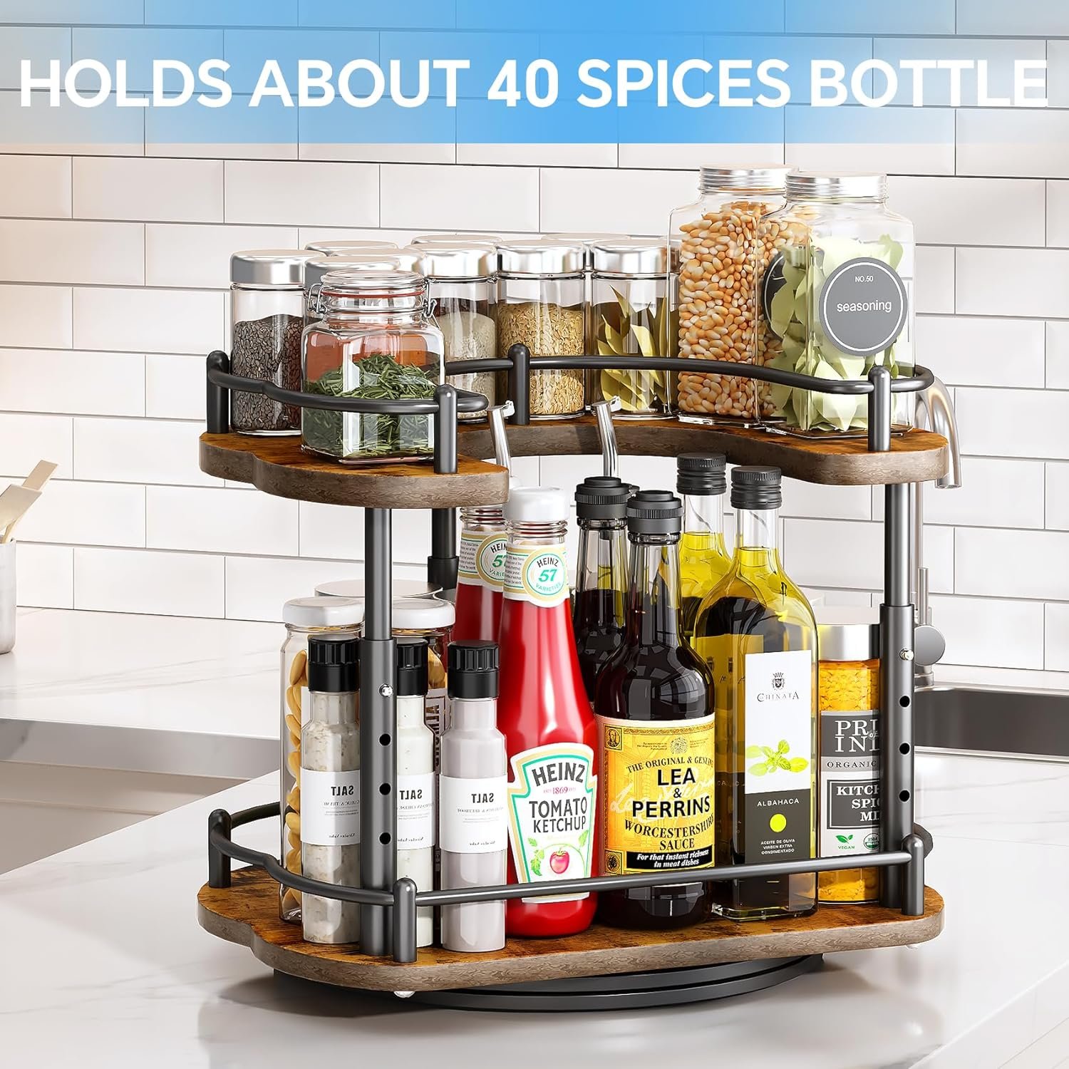 Revolving Spice Rack Organizer Wood - 12 inch Lazy Susan 2 Tier Adjustable Height Turntable for Cabinet Pantry Kitchen Counter Seasoning Revolving Spice Rack Organizer Wood - 12 inch Lazy Susan 2 Tier Adjustable Height Turntable for Cabinet Pantry Kitchen Counter Seasoning