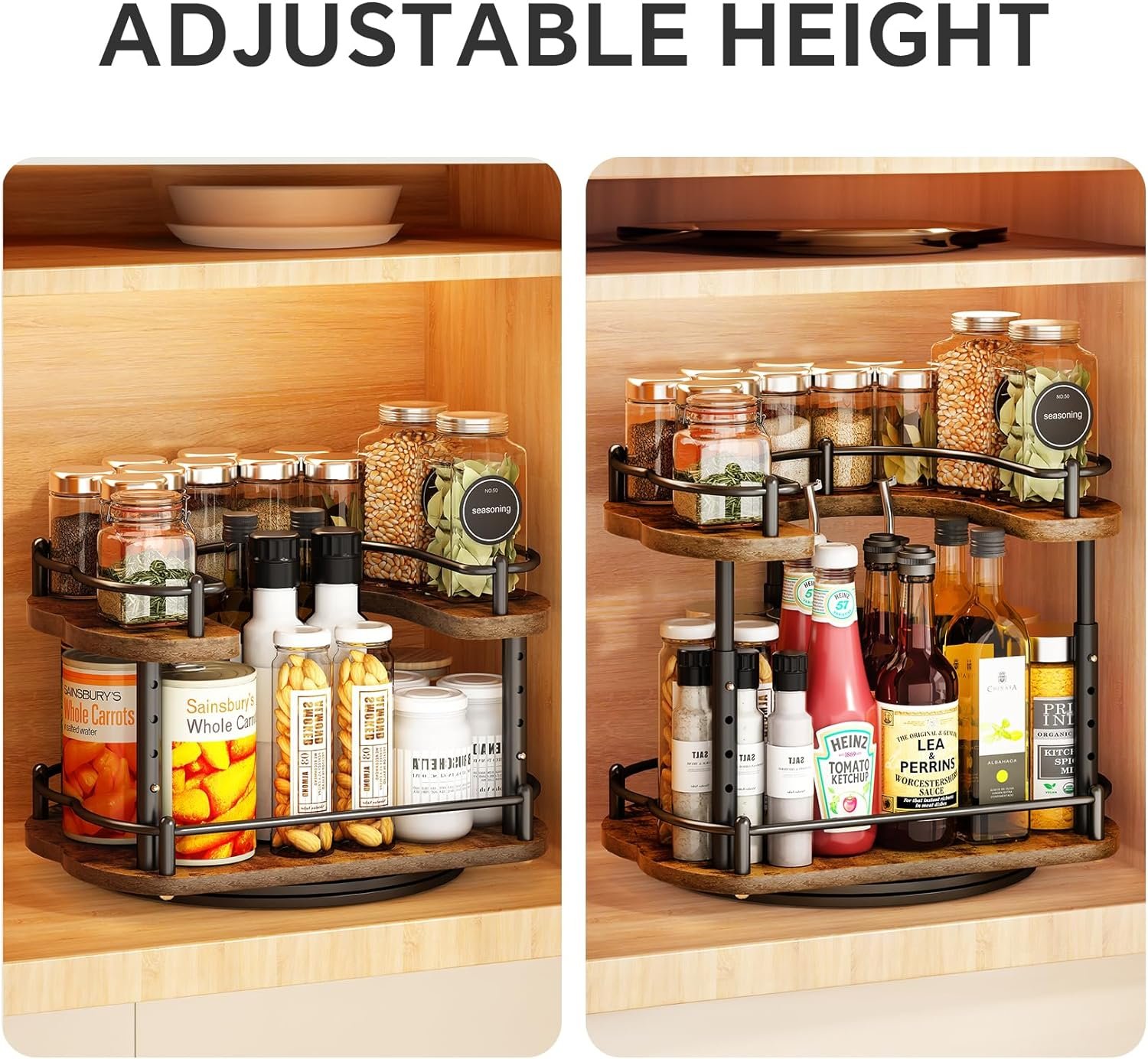 Revolving Spice Rack Organizer Wood - 12 inch Lazy Susan 2 Tier Adjustable Height Turntable for Cabinet Pantry Kitchen Counter Seasoning Revolving Spice Rack Organizer Wood - 12 inch Lazy Susan 2 Tier Adjustable Height Turntable for Cabinet Pantry Kitchen Counter Seasoning