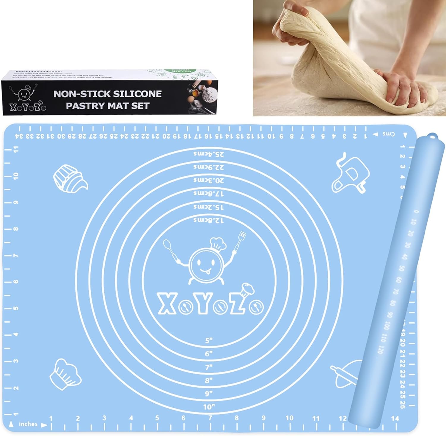 Rolling Pin Dough Roller Non Stick Silicone Baking Mat Set Rolling Pins for Baking Rodillo Para Masa for Making Dough,Pizza,Biscuit and Bread