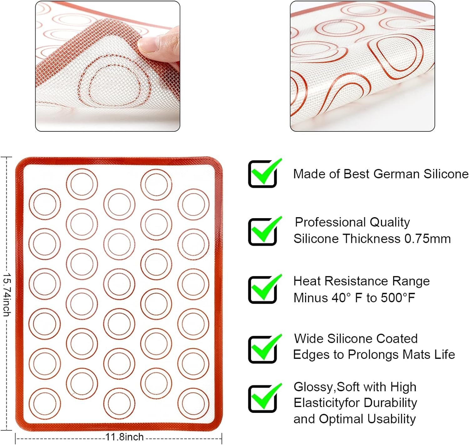 Rolling-Pin-Silicone-Baking-Mats-Set, Nonstick Dough Rolling Pastry Mat for Cookie Macaroon Pie Crust Pizza, Heat-resistant Silicone Baking Sheets for Oven, Silicon Macaroons Baking Mats