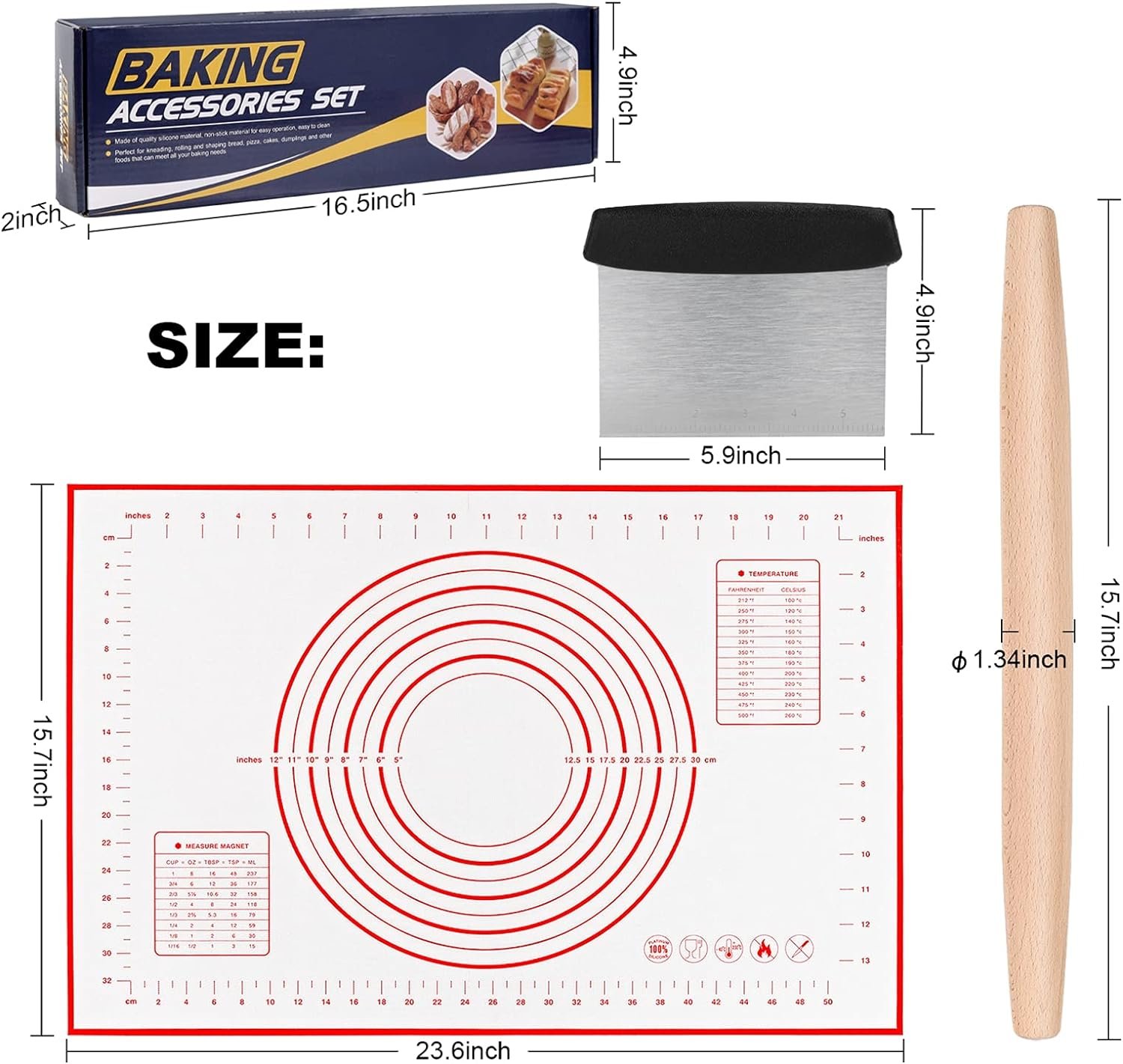 Rolling-Pin-Silicone-Baking-Mats-Set, Nonstick Dough Rolling Pastry Mat for Cookie Macaroon Pie Crust Pizza, Heat-resistant Silicone Baking Sheets for Oven, Silicon Macaroons Baking Mats