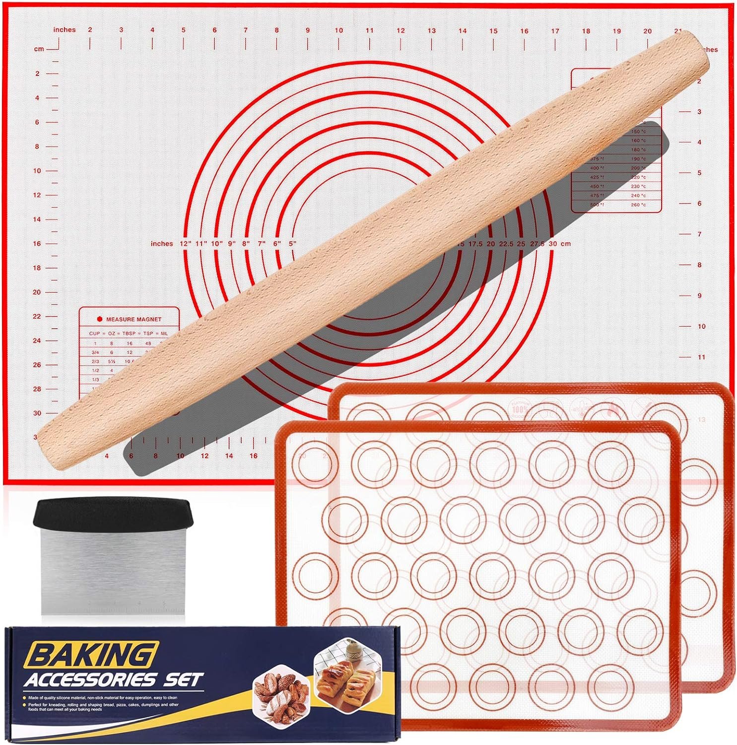 Rolling-Pin-Silicone-Baking-Mats-Set, Nonstick Dough Rolling Pastry Mat for Cookie Macaroon Pie Crust Pizza, Heat-resistant Silicone Baking Sheets for Oven, Silicon Macaroons Baking Mats