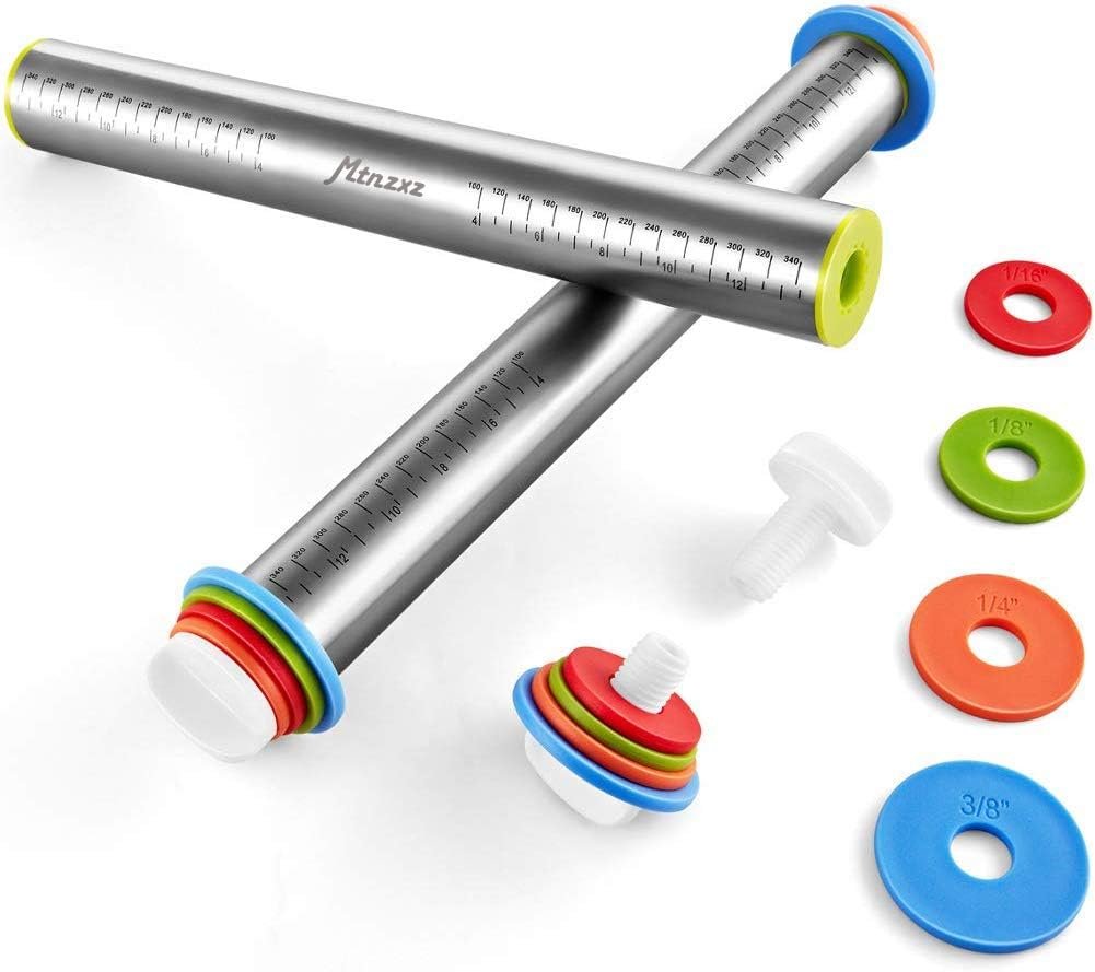 Rolling Pin, Silicone Baking Pastry Mat, Smooth Stainless Steel Roller, 4 Removable Adjustable Thickness Non Stick Rings Rolling Pins for Baking Dough, Pizza, Pie, Pastries, Pasta, Cookies, 2 Pcs