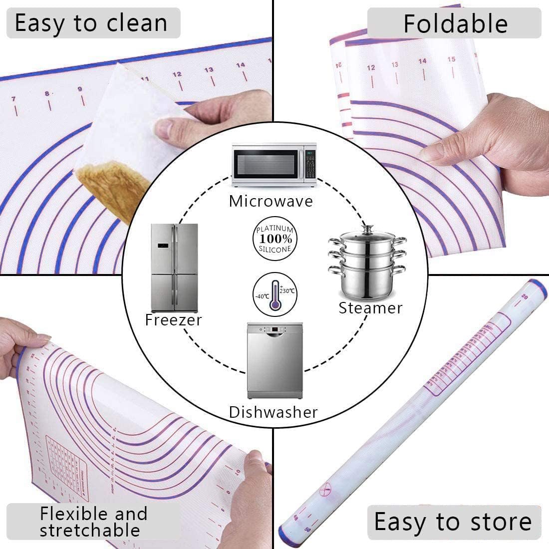 Rolling Pin, Silicone Baking Pastry Mat, Smooth Stainless Steel Roller, 4 Removable Adjustable Thickness Non Stick Rings Rolling Pins for Baking Dough, Pizza, Pie, Pastries, Pasta, Cookies, 2 Pcs