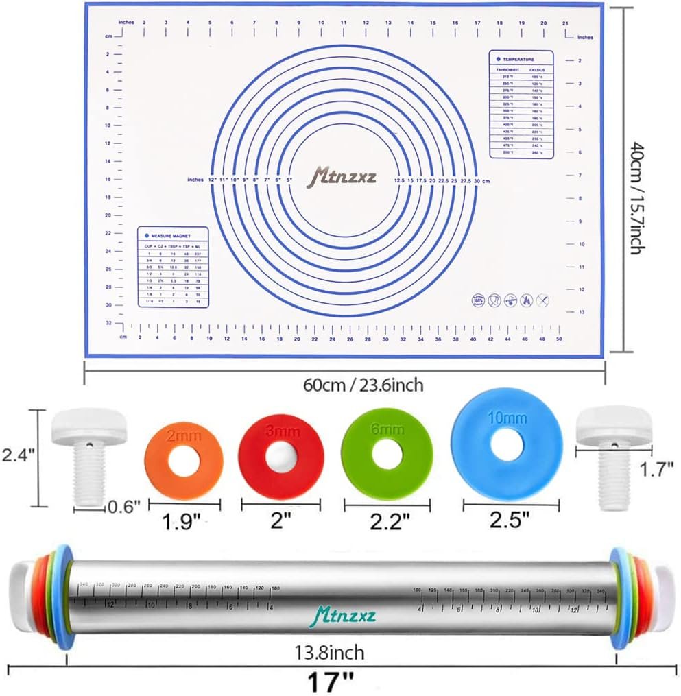 Rolling Pin, Silicone Baking Pastry Mat, Smooth Stainless Steel Roller, 4 Removable Adjustable Thickness Non Stick Rings Rolling Pins for Baking Dough, Pizza, Pie, Pastries, Pasta, Cookies, 2 Pcs