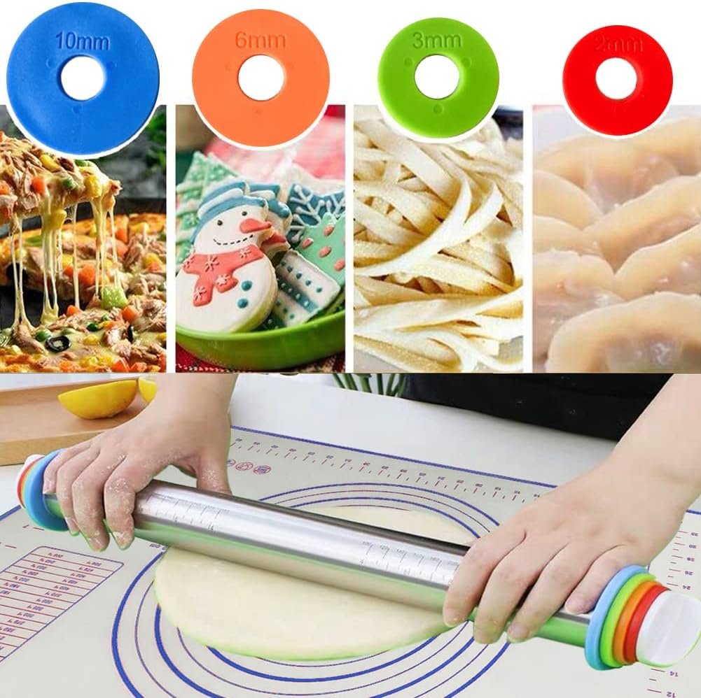 Rolling Pin, Silicone Baking Pastry Mat, Smooth Stainless Steel Roller, 4 Removable Adjustable Thickness Non Stick Rings Rolling Pins for Baking Dough, Pizza, Pie, Pastries, Pasta, Cookies, 2 Pcs