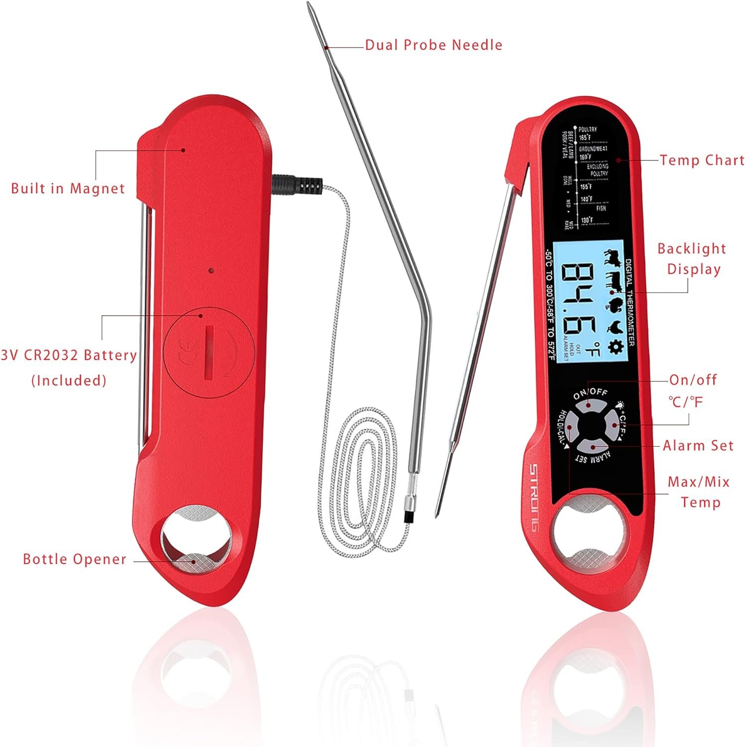 RosesPoetry Meat Thermometer Digital Food Thermometer with 2 Probes, Alarm Setting,Backlight Large Screen,Waterproof Instant Read Cooking Thermometer for Meat,Grill,Liquids,BBQ Oven (Black)