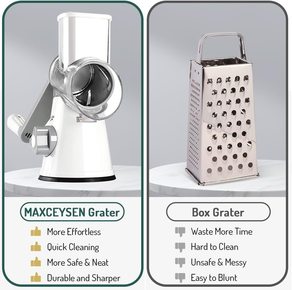 Rotary Cheese Grater with Handle Vegetable Shredder Round Kitchen Slicer Mandoline Grater for Vegetable, Nuts, Chocolate, Chesse, White, 3 Stainless Steel Blades