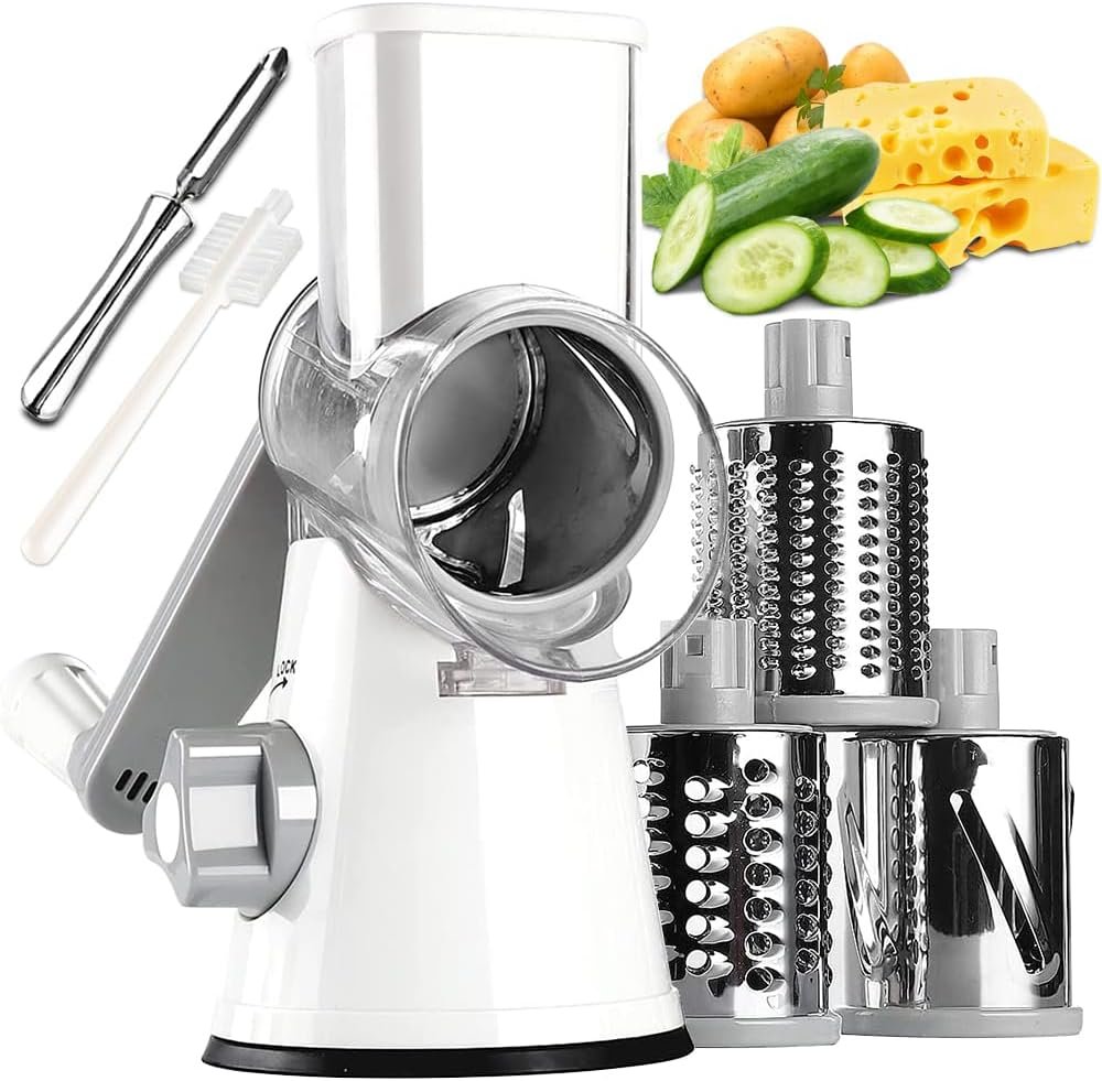 Rotary Cheese Grater with Handle Vegetable Shredder Round Kitchen Slicer Mandoline Grater for Vegetable, Nuts, Chocolate, Chesse, White, 3 Stainless Steel Blades