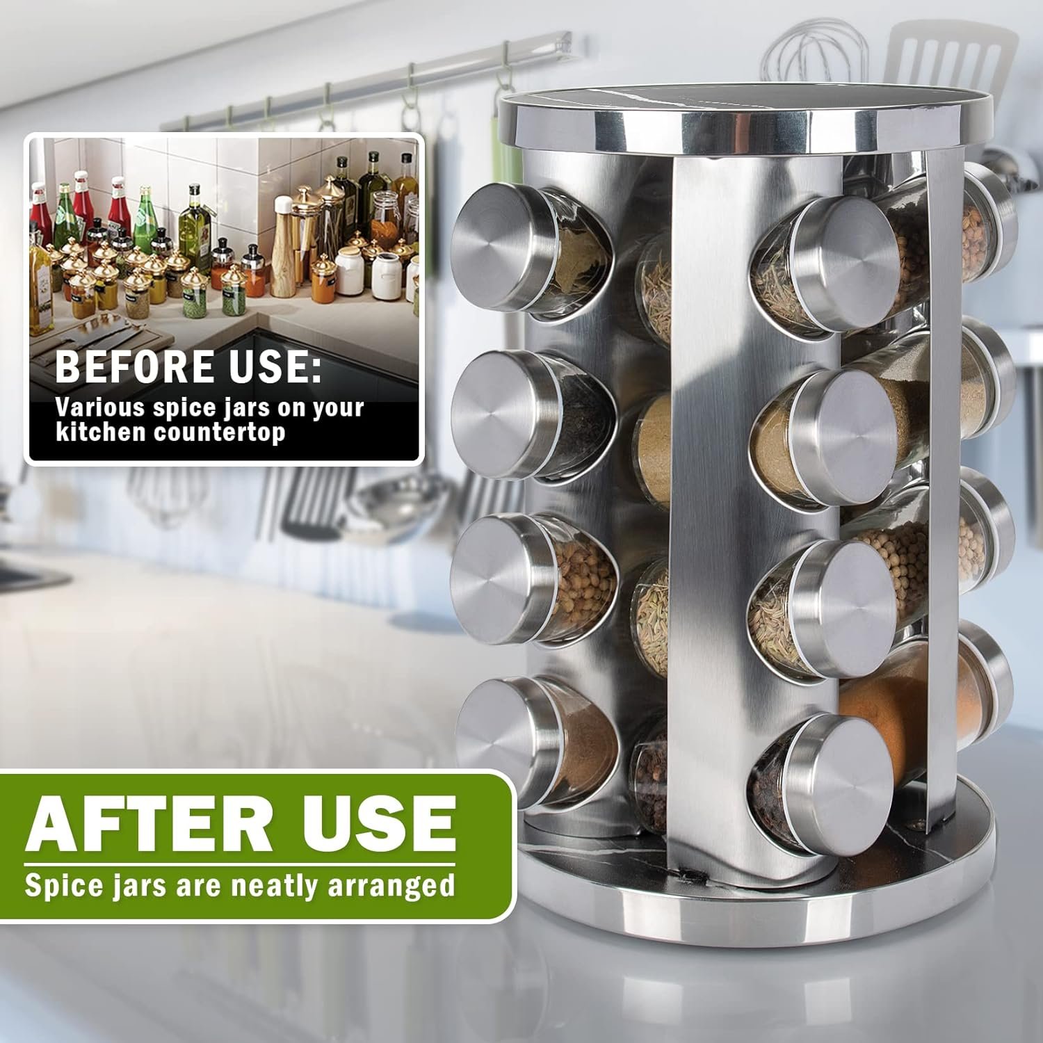 Rotating Spice Rack Organizer with 16 Empty Spice Jars, 135 Spice Labels with Funnel Complete Set, Seasoning Organizer for Cabinet, Revolving Spice Rack for Countertop(Imitation marble pattern-16jars) Rotating Spice Rack Organizer with 16 Empty Spice Jars, 135 Spice Labels with Funnel Complete Set, Seasoning Organizer for Cabinet, Revolving Spice Rack for Countertop(Imitation marble pattern-16jars)
