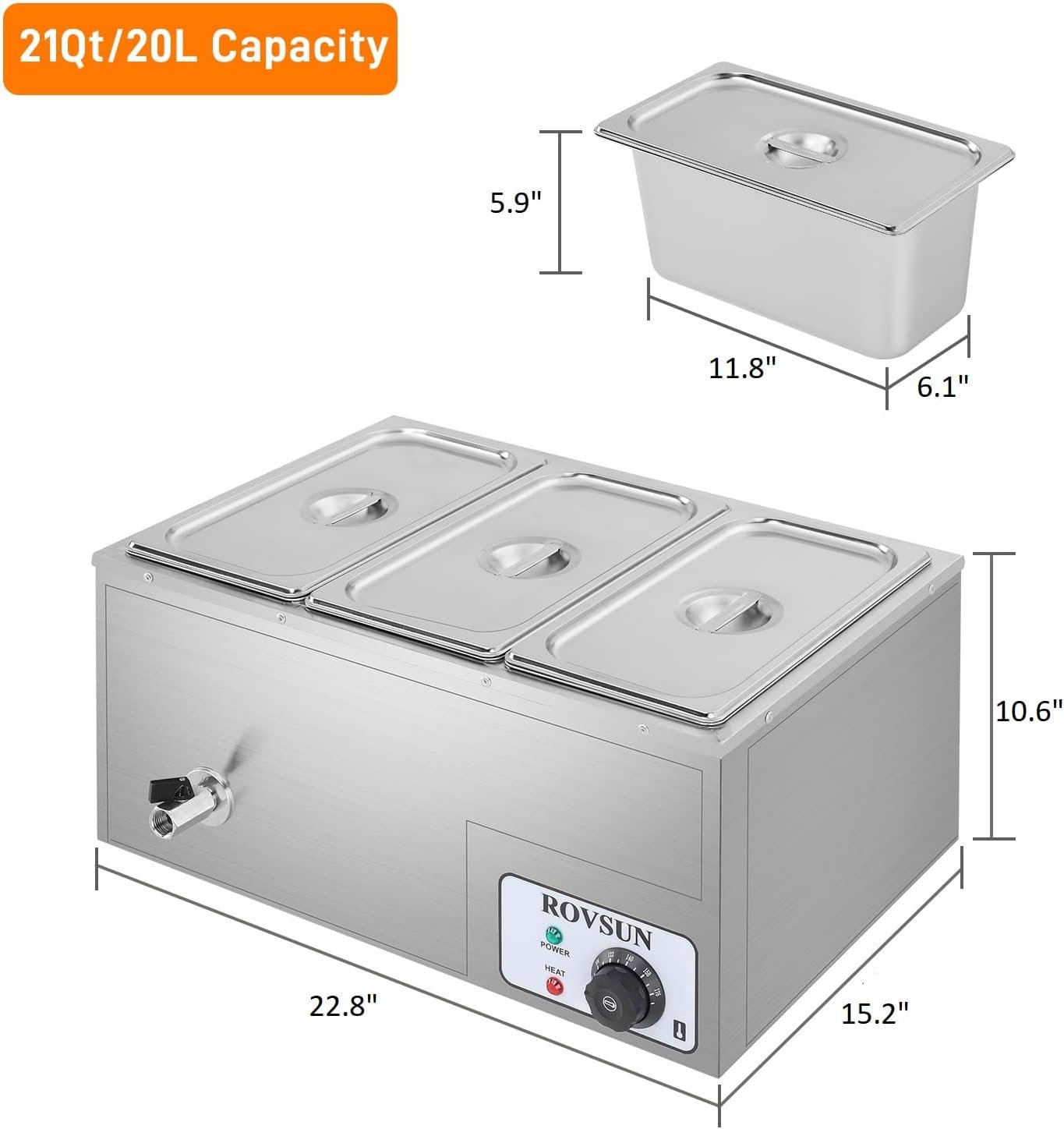 ROVSUN 21QT Electric Commercial Food Warmer, 110V 3-Pan Stainless Steel Bain Marie Buffet, 6.9 QT/Pan Stove Steam Table with Temperature Control  Lid for Parties, Catering, Restaurants