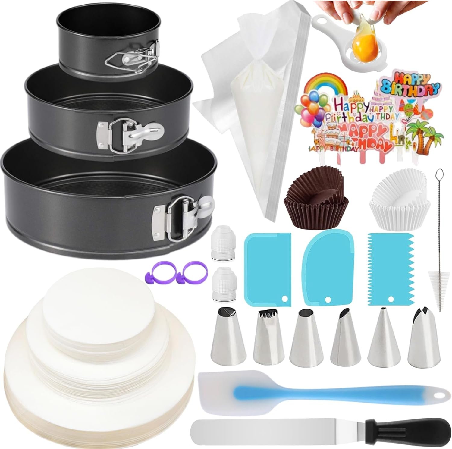 RUISENLAI 260pcs Cake Pan Set for Baking + Cake Decorating Supplies: 3 Round Non Stick Springform Pan Set (4, 7, 9 inches), Icing Tips, disposable piping bags – with 60 Pcs Parchment Paper Liners RUISENLAI 260pcs Cake Pan Set for Baking + Cake Decorating Supplies: 3 Round Non Stick Springform Pan Set (4, 7, 9 inches), Icing Tips, disposable piping bags – with 60 Pcs Parchment Paper Liners