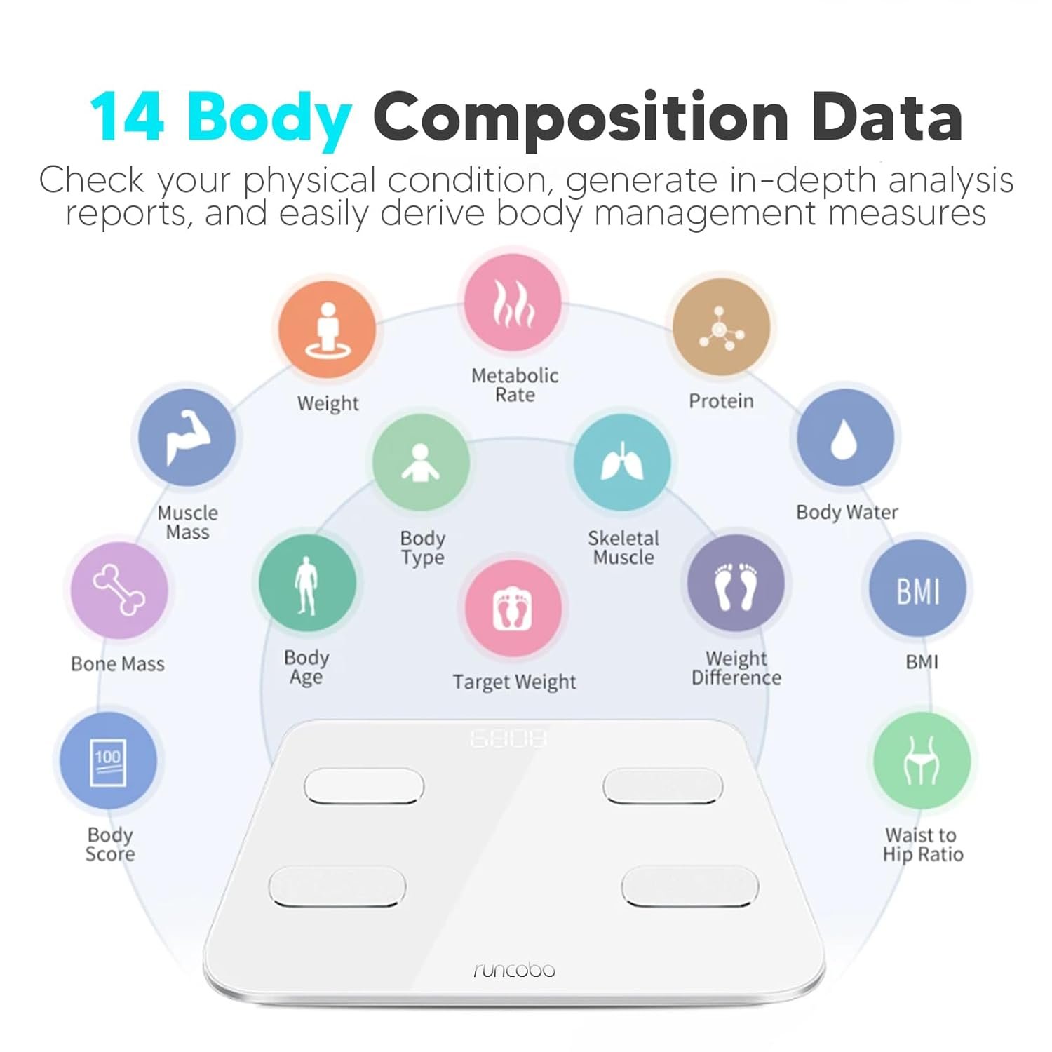 runcobo Body Fat Scale, Scale for Body Weight, Smart Bathroom Scales Body Composition Monitors, High Precision Measuring Body Fat Scales, Bluetooth Smart Electronic Digital Weight Scale runcobo Body Fat Scale, Scale for Body Weight, Smart Bathroom Scales Body Composition Monitors, High Precision Measuring Body Fat Scales, Bluetooth Smart Electronic Digital Weight Scale