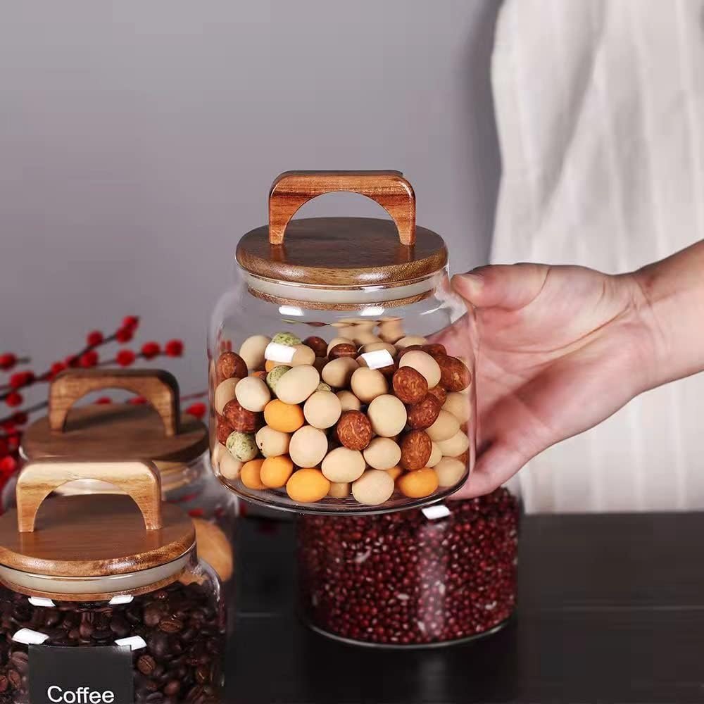 SAIOOL Canister Set of 2, Glass Kitchen Canisters with Airtight Acacia Lid, Tall Clear Airtight Food Storage Jar, Kitchen Pantry Storage Container for Noodles Flour Cereal Coffee