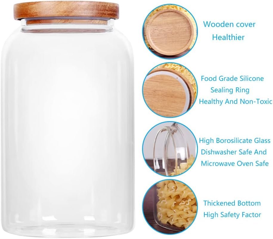 SAIOOL Canister Set of 2, Glass Kitchen Canisters with Airtight Acacia Lid, Tall Clear Airtight Food Storage Jar, Kitchen Pantry Storage Container for Noodles Flour Cereal Coffee