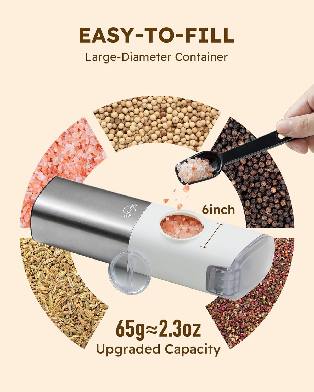 Sangcon Electric Salt  Pepper Grinder Set, Battery Powered with LED Light, Adjustable Coarseness, Safety Switch, Stainless Steel, 2 Pack Sangcon Electric Salt  Pepper Grinder Set, Battery Powered with LED Light, Adjustable Coarseness, Safety Switch, Stainless Steel, 2 Pack