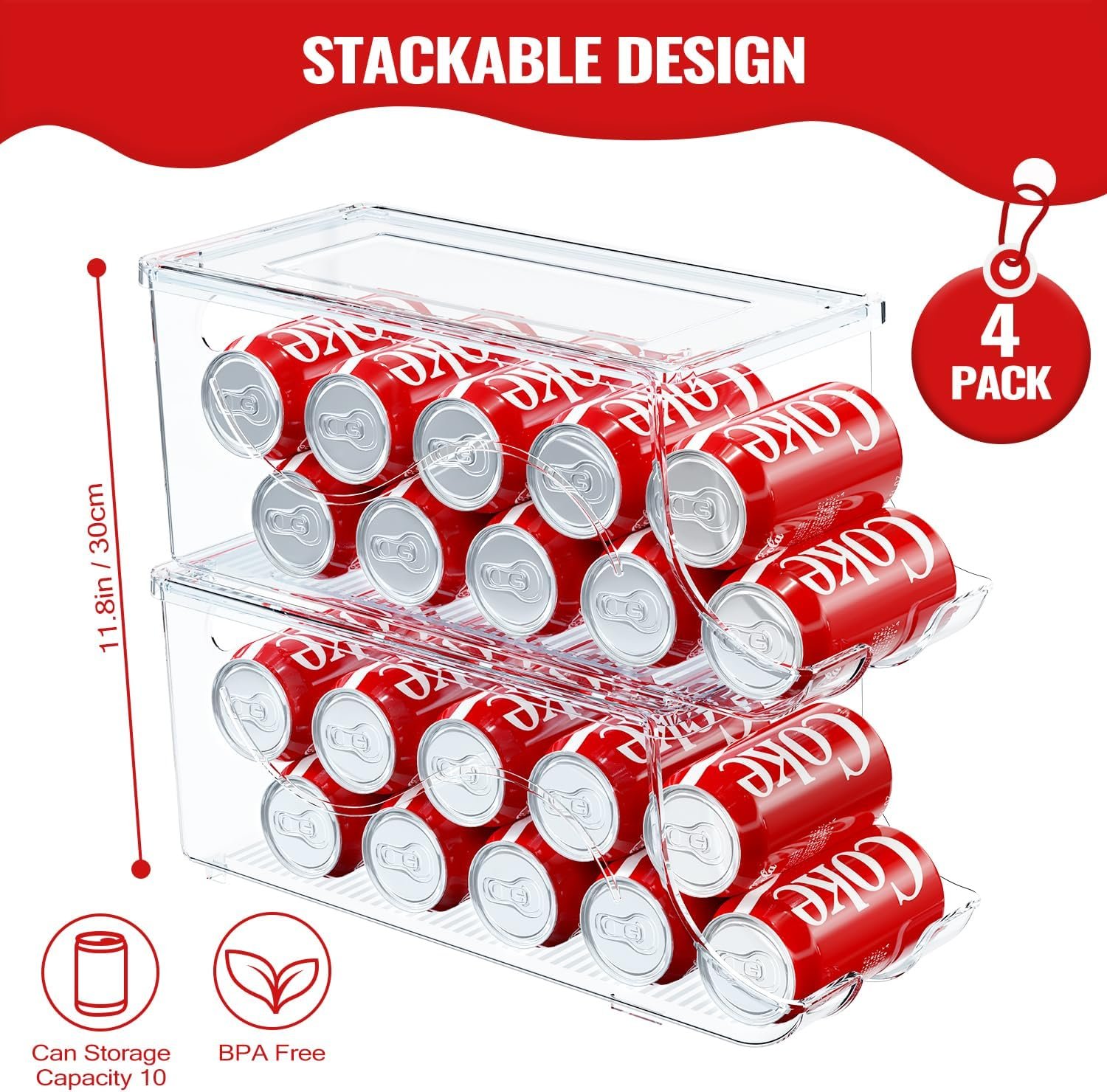 SCAVATA 4 Pack Stackable Refrigerator Organizer, Soda Can Dispenser Pop Cans Container Beverage Holder with Lid for Fridge, Freezer, Kitchen, Clear Plastic Storage Bins-Holds 10 Cans Each -Transparent SCAVATA 4 Pack Stackable Refrigerator Organizer, Soda Can Dispenser Pop Cans Container Beverage Holder with Lid for Fridge, Freezer, Kitchen, Clear Plastic Storage Bins-Holds 10 Cans Each -Transparent