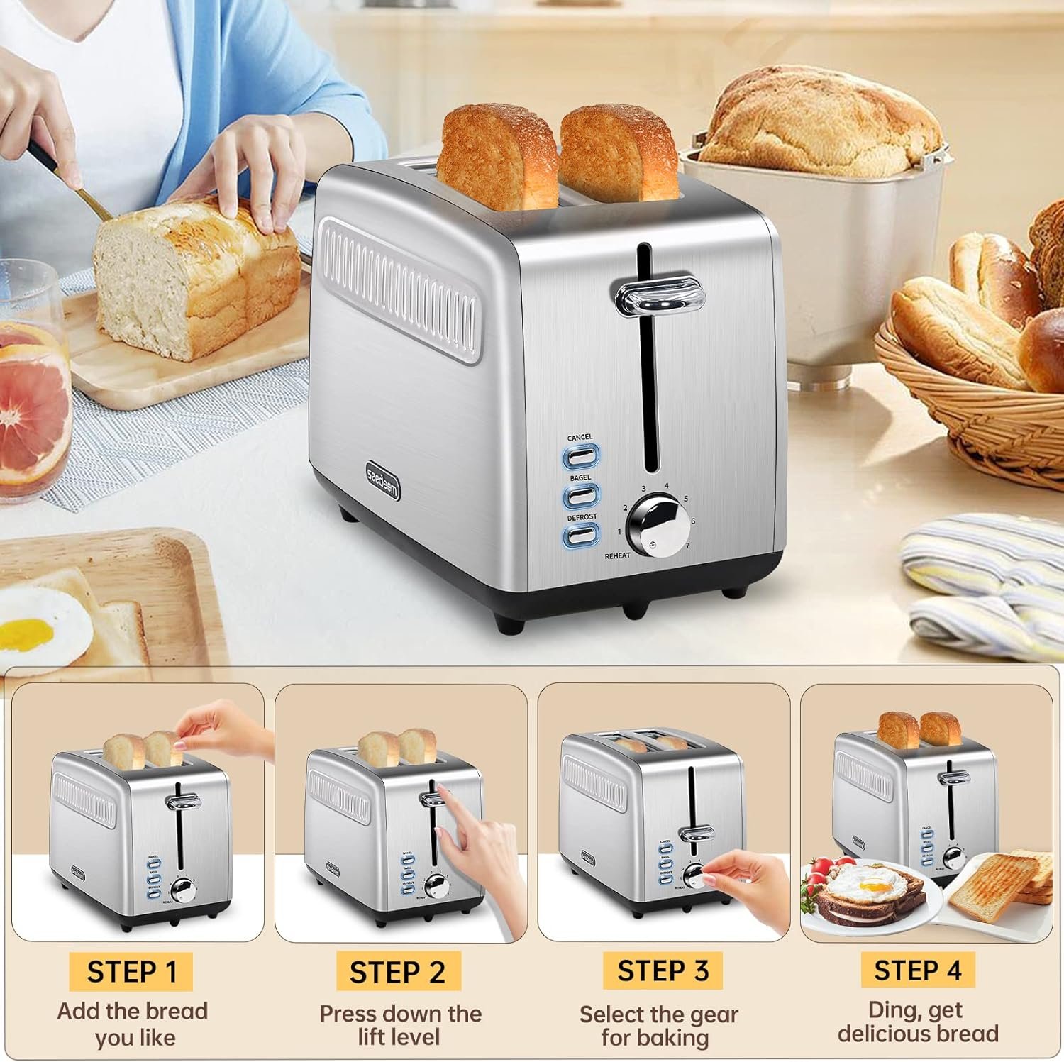 SEEDEEM Toaster 2 Slice, Stainless Steel Bread Toaster, 7 Shade Settings, 1.5 Extra Wide Slots Toaster with Bagel, Defrost, Reheat Function, Automatic Power-off, 900W, Silver Metallic