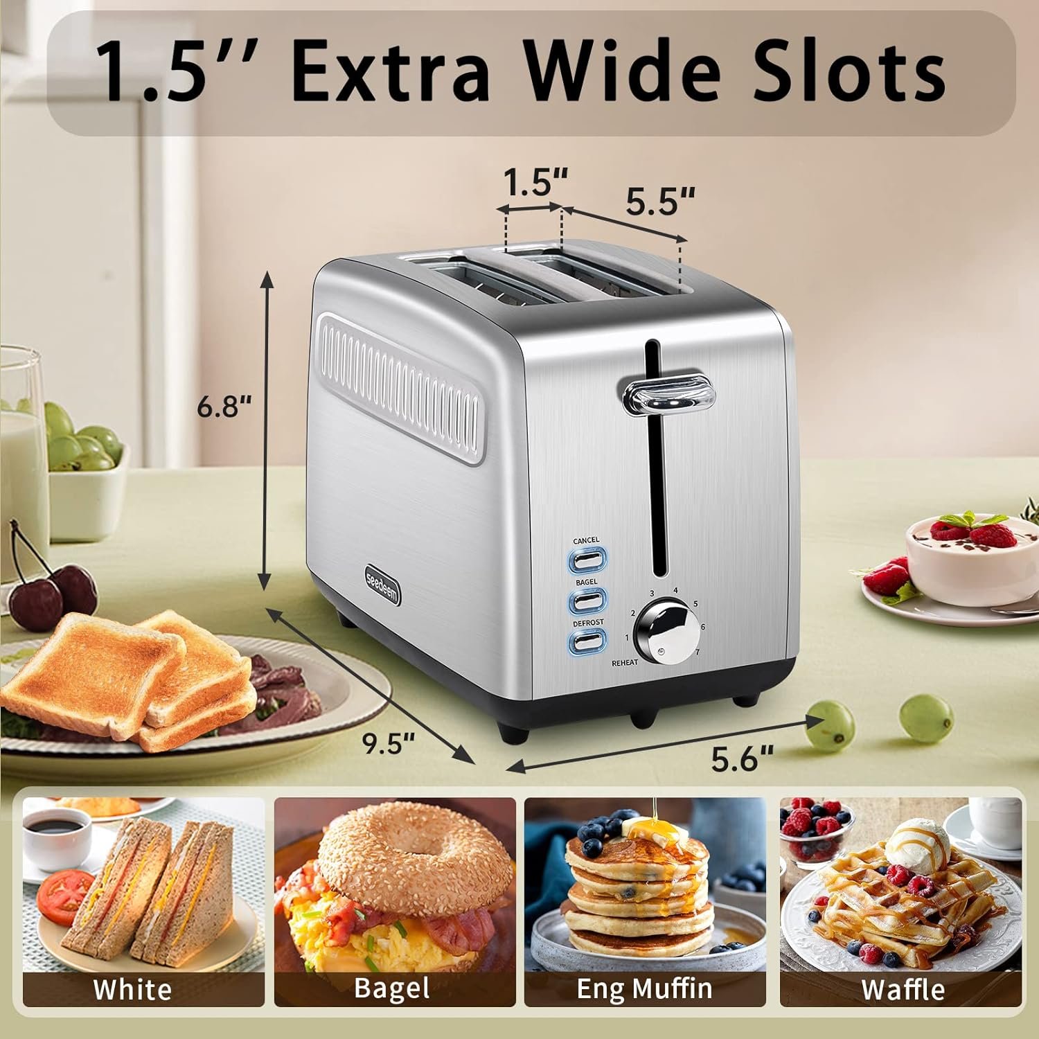 SEEDEEM Toaster 2 Slice, Stainless Steel Bread Toaster, 7 Shade Settings, 1.5 Extra Wide Slots Toaster with Bagel, Defrost, Reheat Function, Automatic Power-off, 900W, Silver Metallic