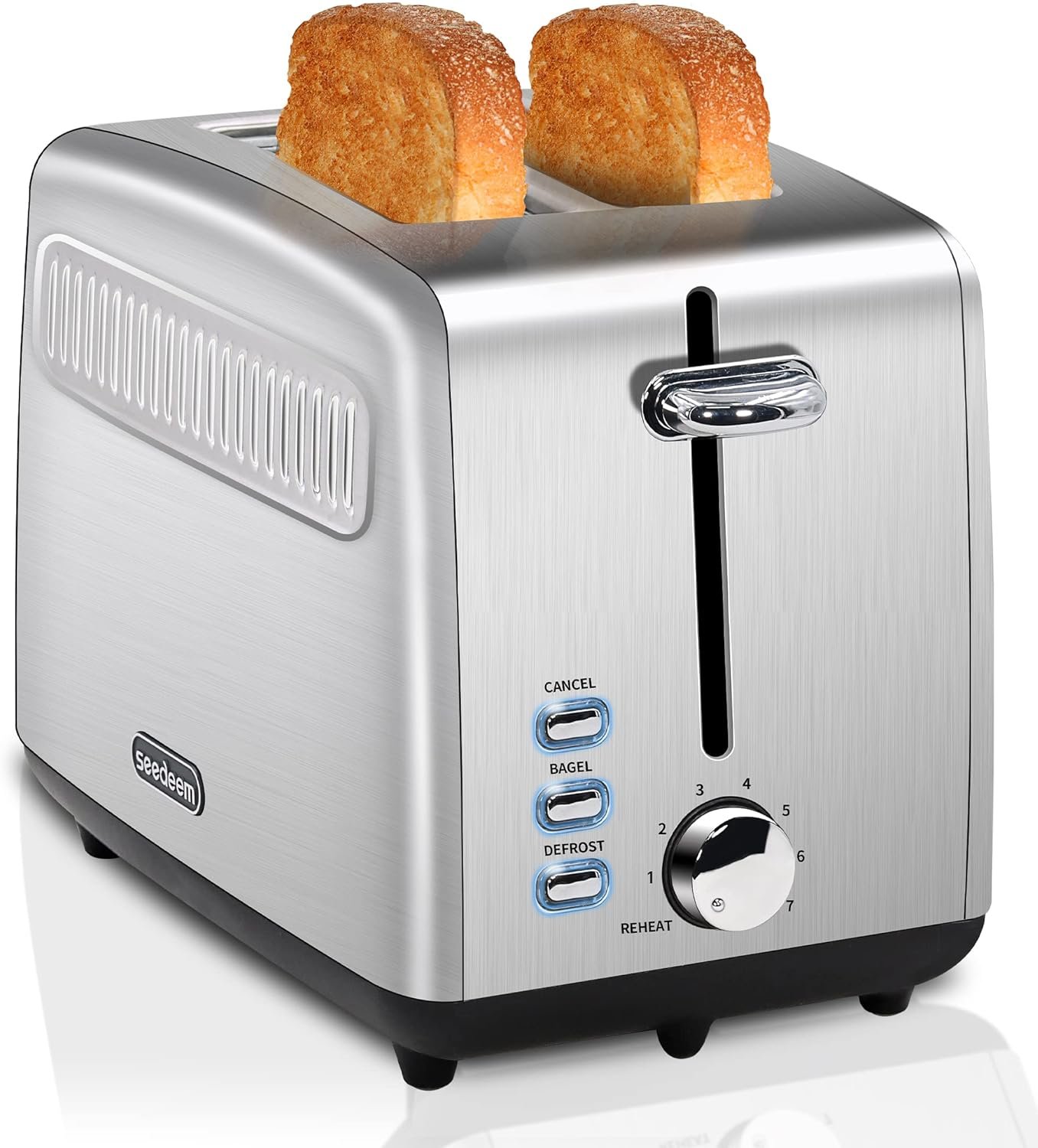 SEEDEEM Toaster 2 Slice, Stainless Steel Bread Toaster, 7 Shade Settings, 1.5 Extra Wide Slots Toaster with Bagel, Defrost, Reheat Function, Automatic Power-off, 900W, Silver Metallic