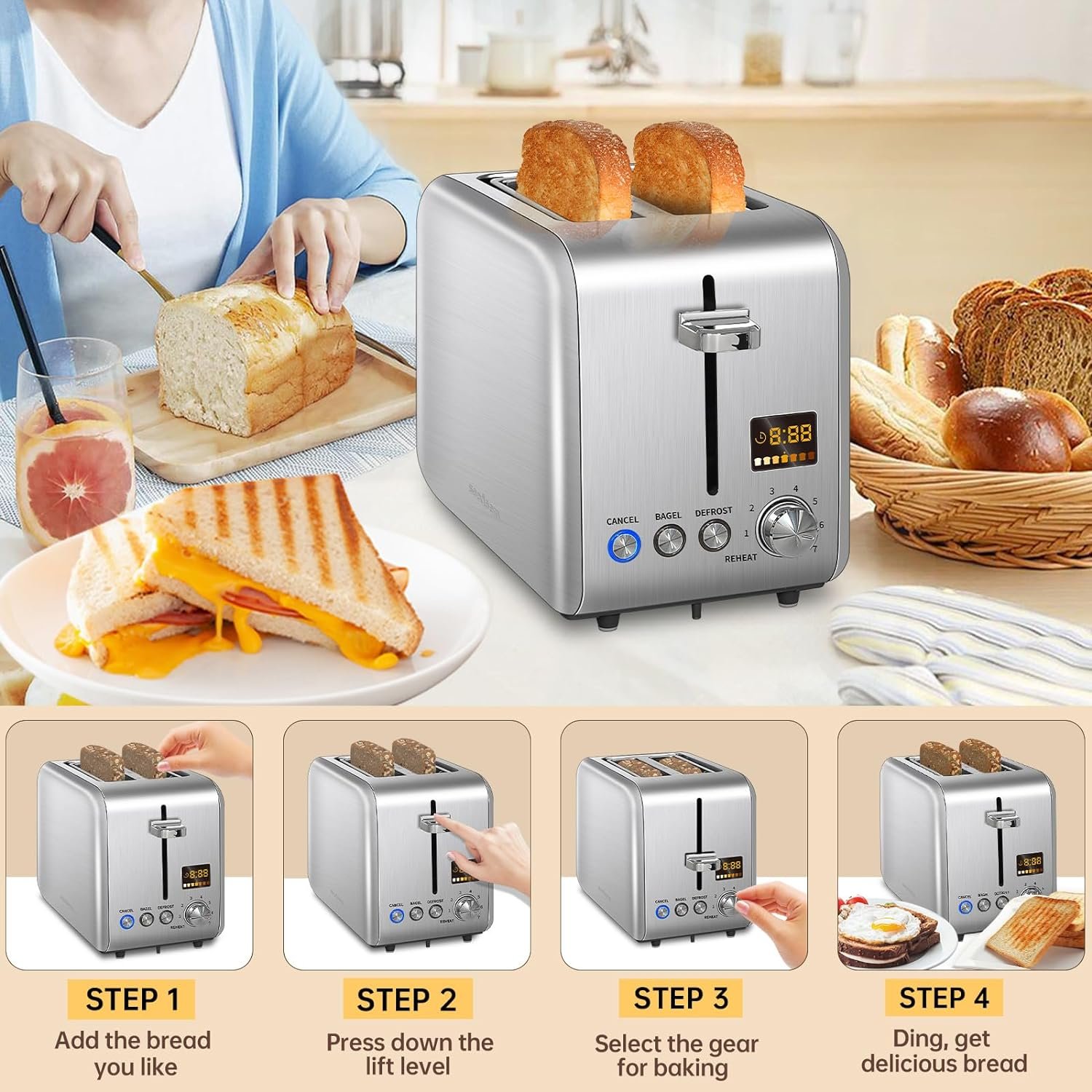 SEEDEEM Toaster 2 Slice, Stainless Steel Bread Toaster Color LCD Display, 7 Bread Shade Settings, 1.4 Wide Slots Toaster Bagel/Defrost/Reheat Functions, Removable Crumb Tray, 900W, Silver Metallic