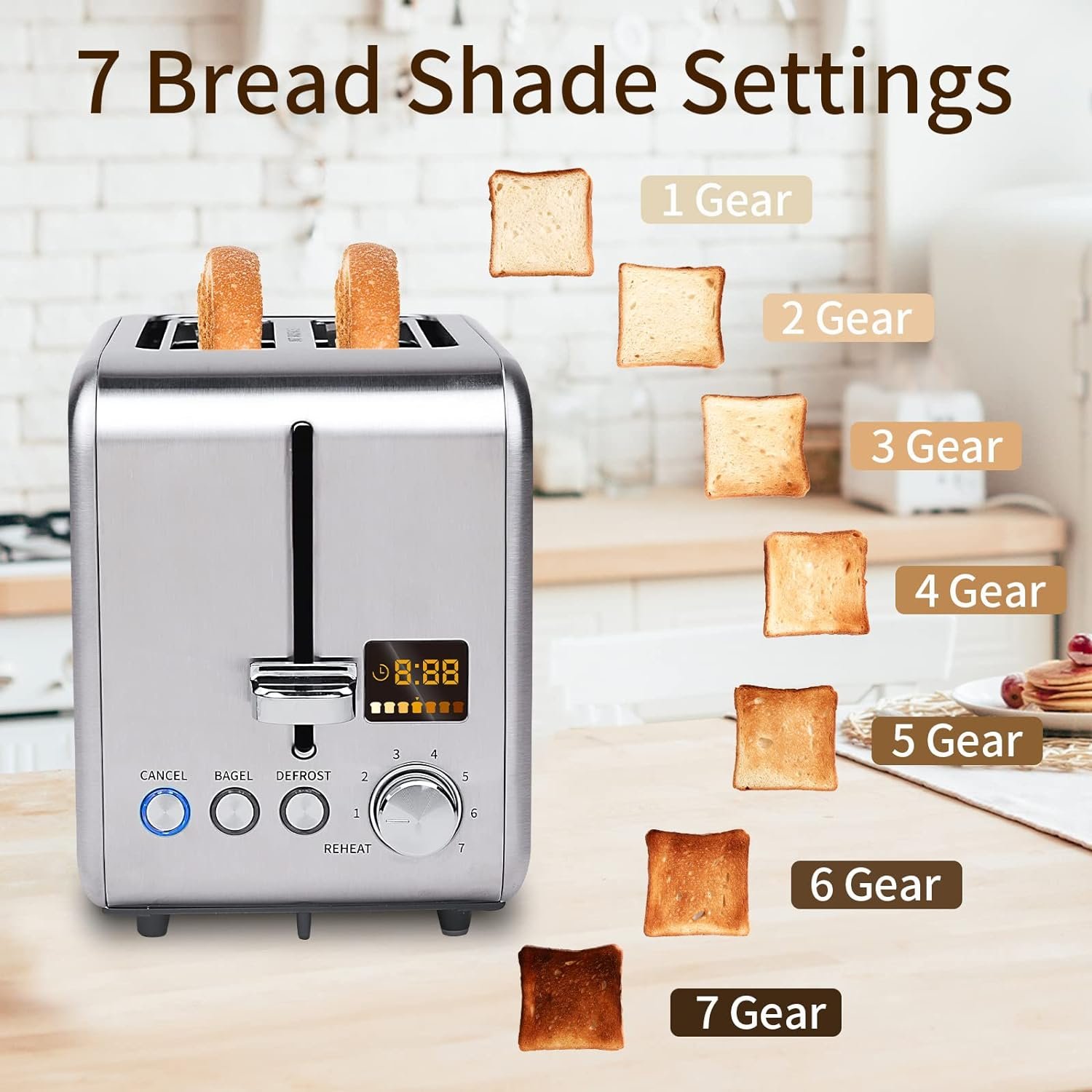 SEEDEEM Toaster 2 Slice, Stainless Steel Bread Toaster Color LCD Display, 7 Bread Shade Settings, 1.4 Wide Slots Toaster Bagel/Defrost/Reheat Functions, Removable Crumb Tray, 900W, Silver Metallic