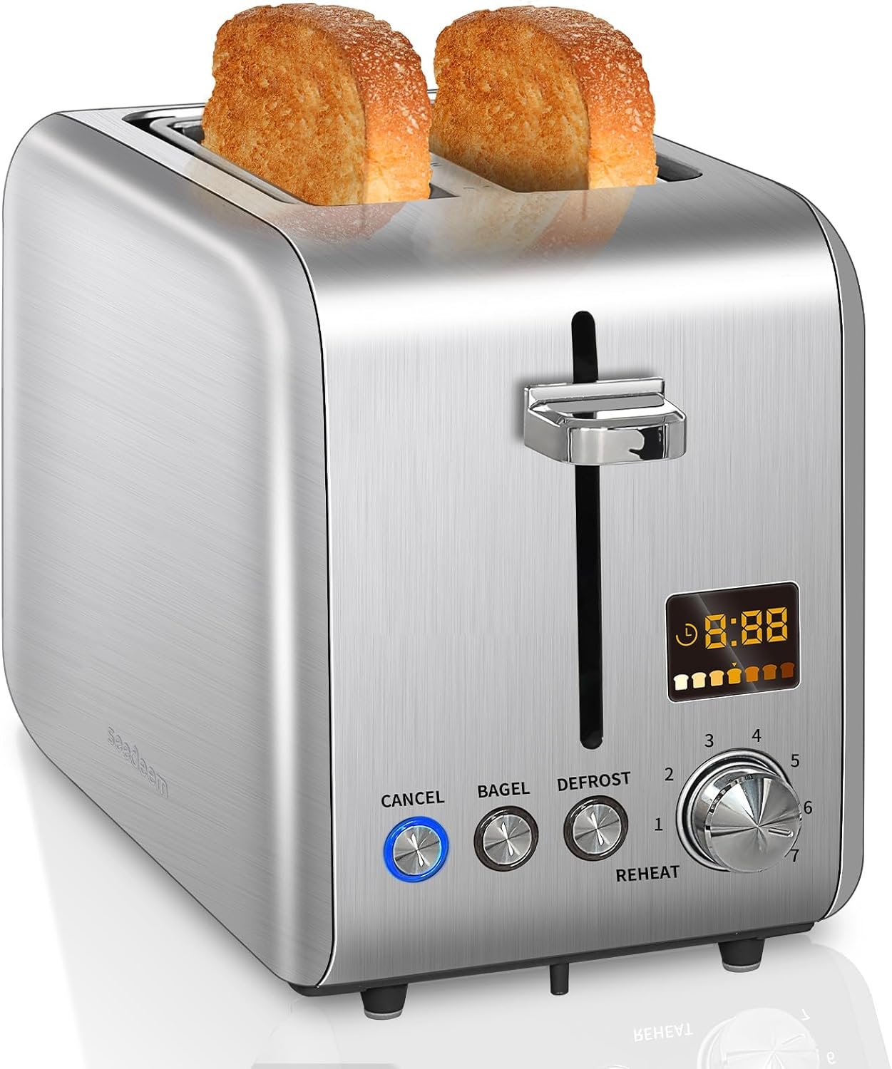SEEDEEM Toaster 2 Slice, Stainless Steel Bread Toaster LCD Display, 7 Bread Shade Settings, 1.4 Wide Slots Toaster Bagel/Defrost/Reheat Functions, Removable Crumb Tray, 900W, Dark Metallic