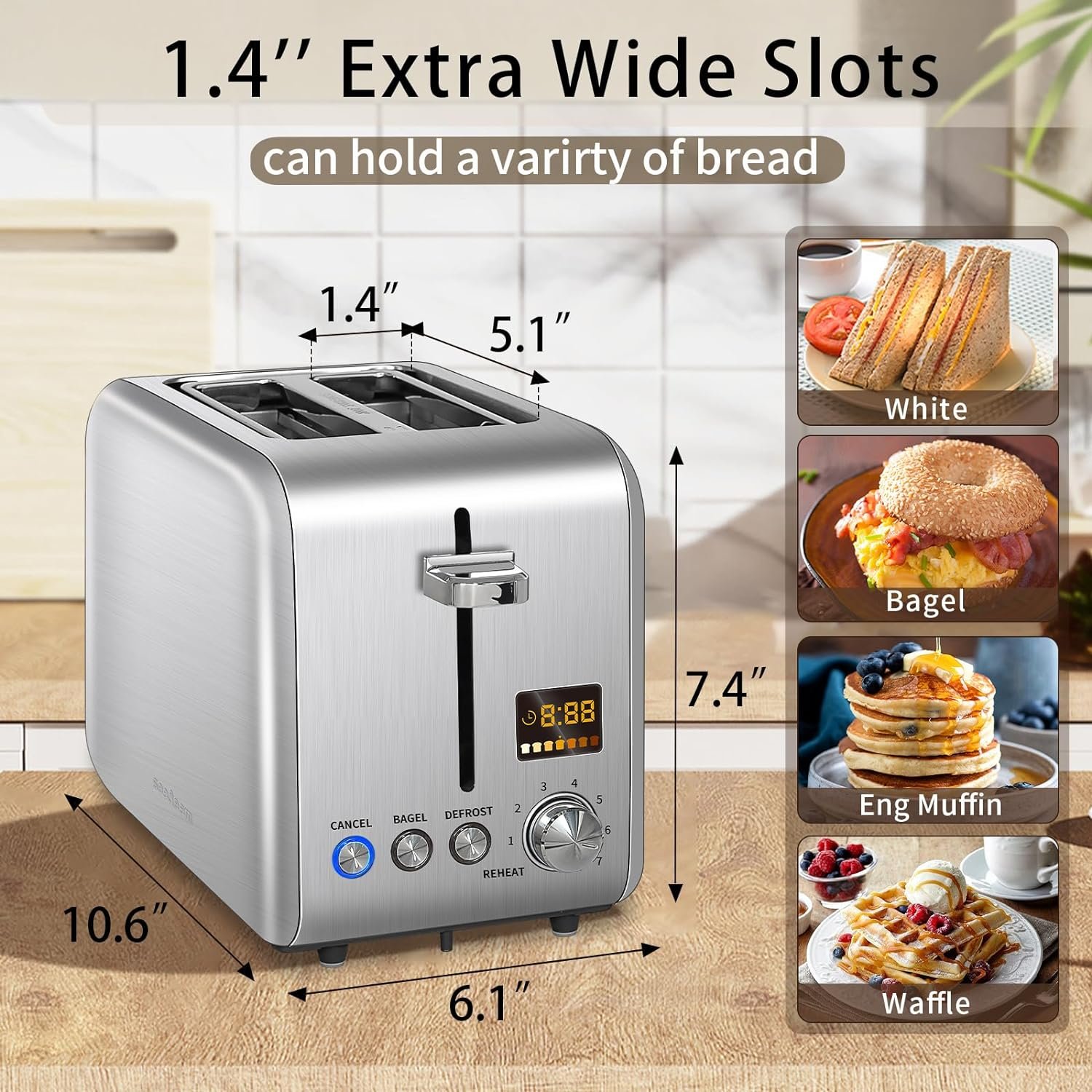 SEEDEEM Toaster 2 Slice, Stainless Steel Bread Toaster LCD Display, 7 Bread Shade Settings, 1.4 Wide Slots Toaster Bagel/Defrost/Reheat Functions, Removable Crumb Tray, 900W, Dark Metallic