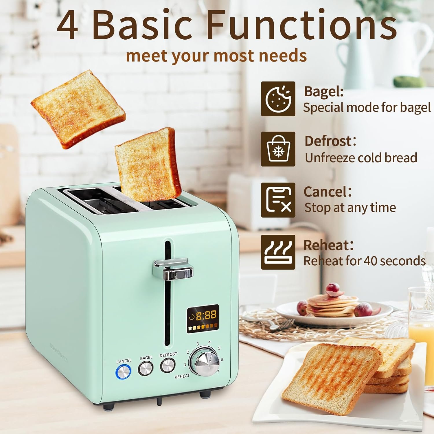 SEEDEEM Toaster 2 Slice, Stainless Steel Bread Toaster LCD Display, 7 Bread Shade Settings, 1.4 Wide Slots Toaster Bagel/Defrost/Reheat Functions, Removable Crumb Tray, 900W, Dark Metallic