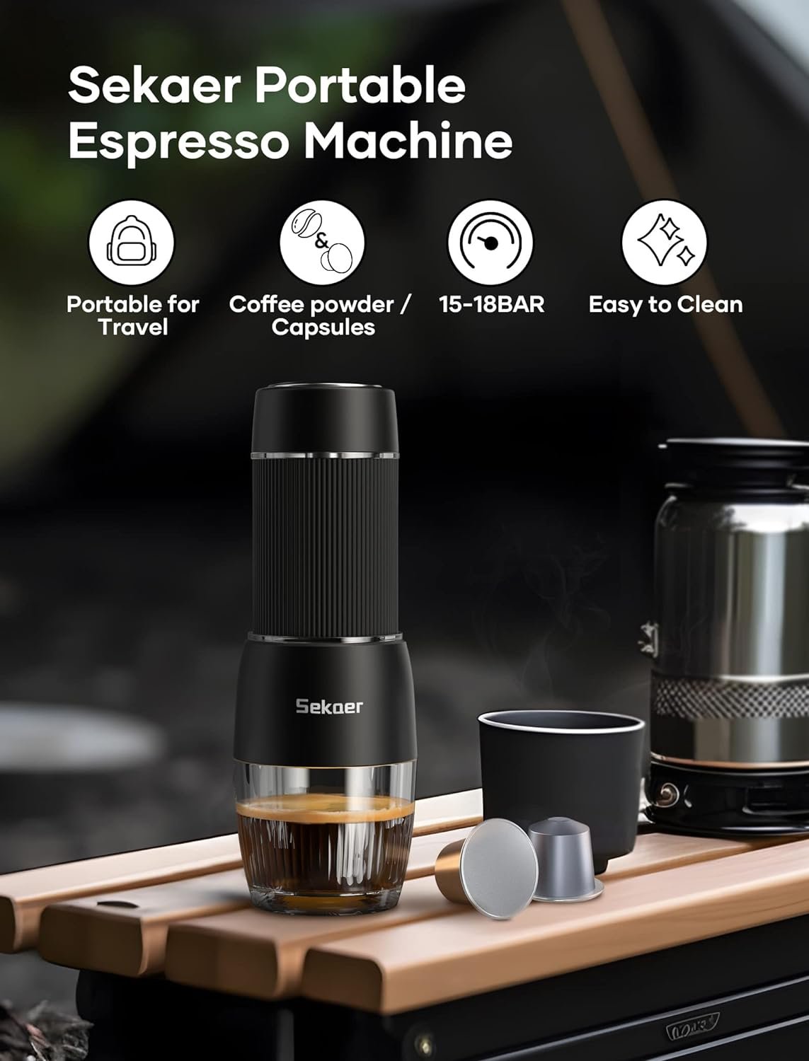 Sekaer Portable Espresso Machine Travel Coffee Maker, 2 in 1 Small Mini Presso Compatible with Nespresso Original Capsules, 18 Bar Pressure, Manual Aeropress Coffee Machine