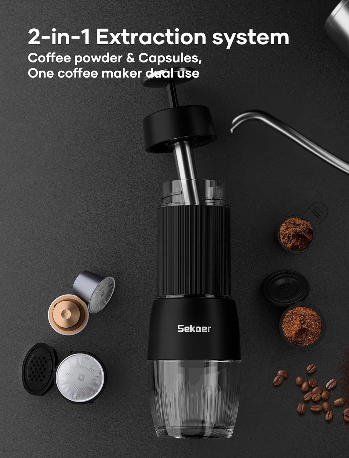 Sekaer Portable Espresso Machine Travel Coffee Maker, 2 in 1 Small Mini Presso Compatible with Nespresso Original Capsules, 18 Bar Pressure, Manual Aeropress Coffee Machine
