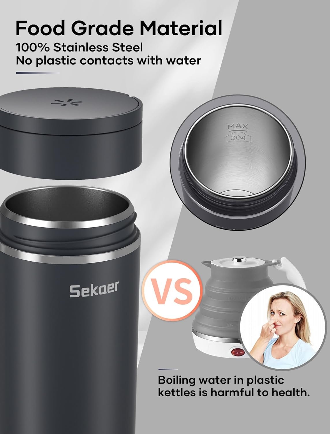 Sekaer Travel Portable Electric Kettle, Small Tea Kettle Coffee Mini Hot Water Boiler, 400mL  304 Stainless Steel, with 4 Variable Presets and Auto Shut-Off SKE-840G