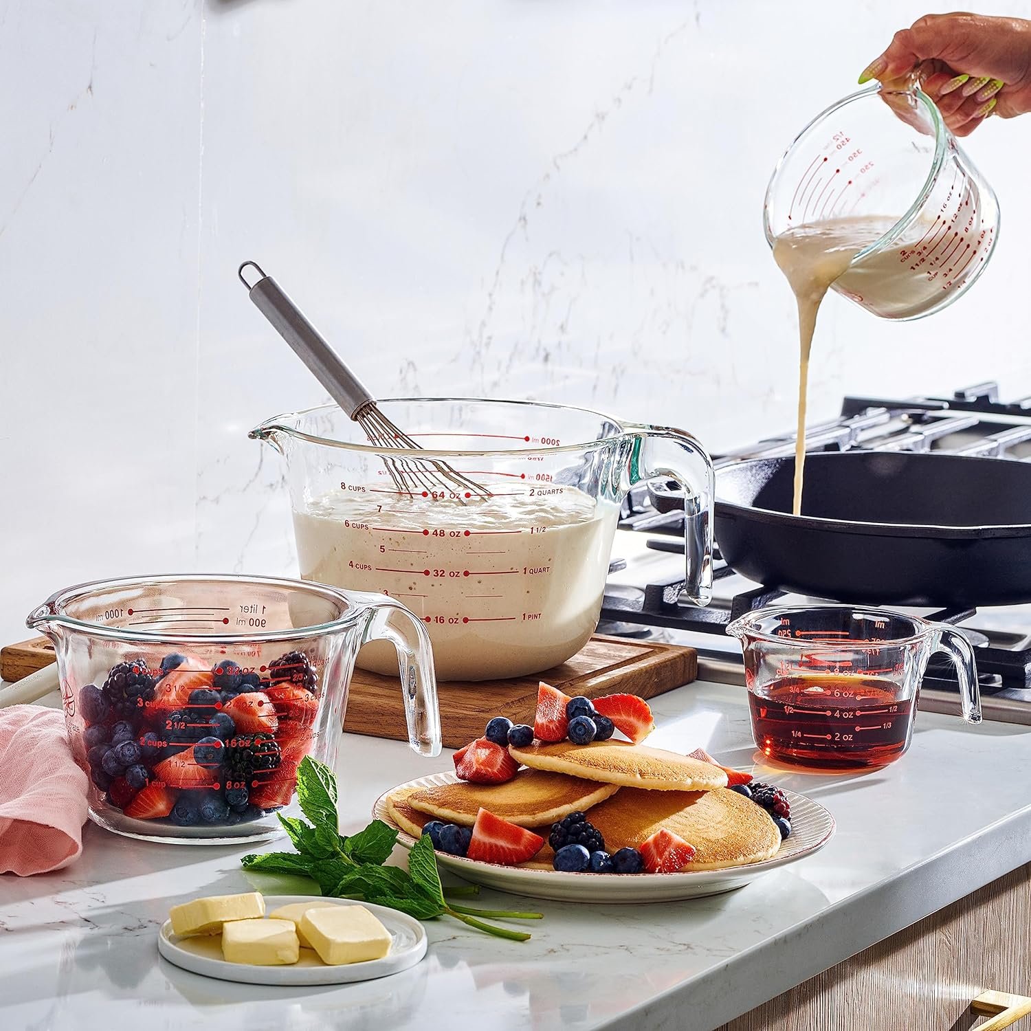 Set of 3 Glass Measuring Cups with Measuring Spoons  Whisk - Kitchen Mixing Bowl Liquid Measure Cup, Glass Tupperware Bakeware. 1 cup, 2 cup, 4 cup. Set of 3 Glass Measuring Cups with Measuring Spoons  Whisk - Kitchen Mixing Bowl Liquid Measure Cup, Glass Tupperware Bakeware. 1 cup, 2 cup, 4 cup.