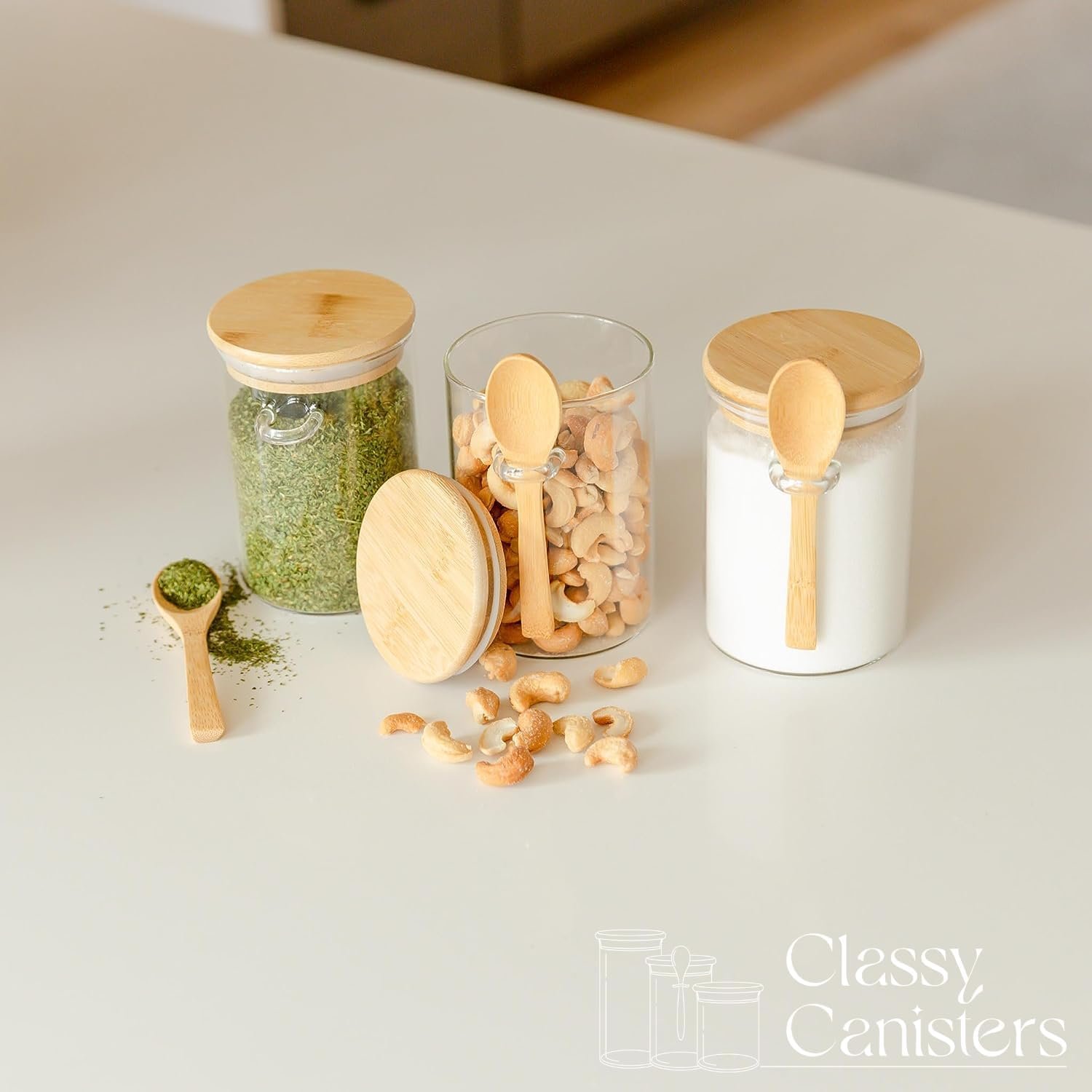 Set of 4 Airtight Glass Jars with Bamboo Lids  Bamboo Spoons, Overnight Oats Containers with Lids, 17-Oz Glass Canisters Hold Coffee Beans, Tea, Flour, Sugar, Nuts, Candy, Bath Salts  More Set of 4 Airtight Glass Jars with Bamboo Lids  Bamboo Spoons, Overnight Oats Containers with Lids, 17-Oz Glass Canisters Hold Coffee Beans, Tea, Flour, Sugar, Nuts, Candy, Bath Salts  More