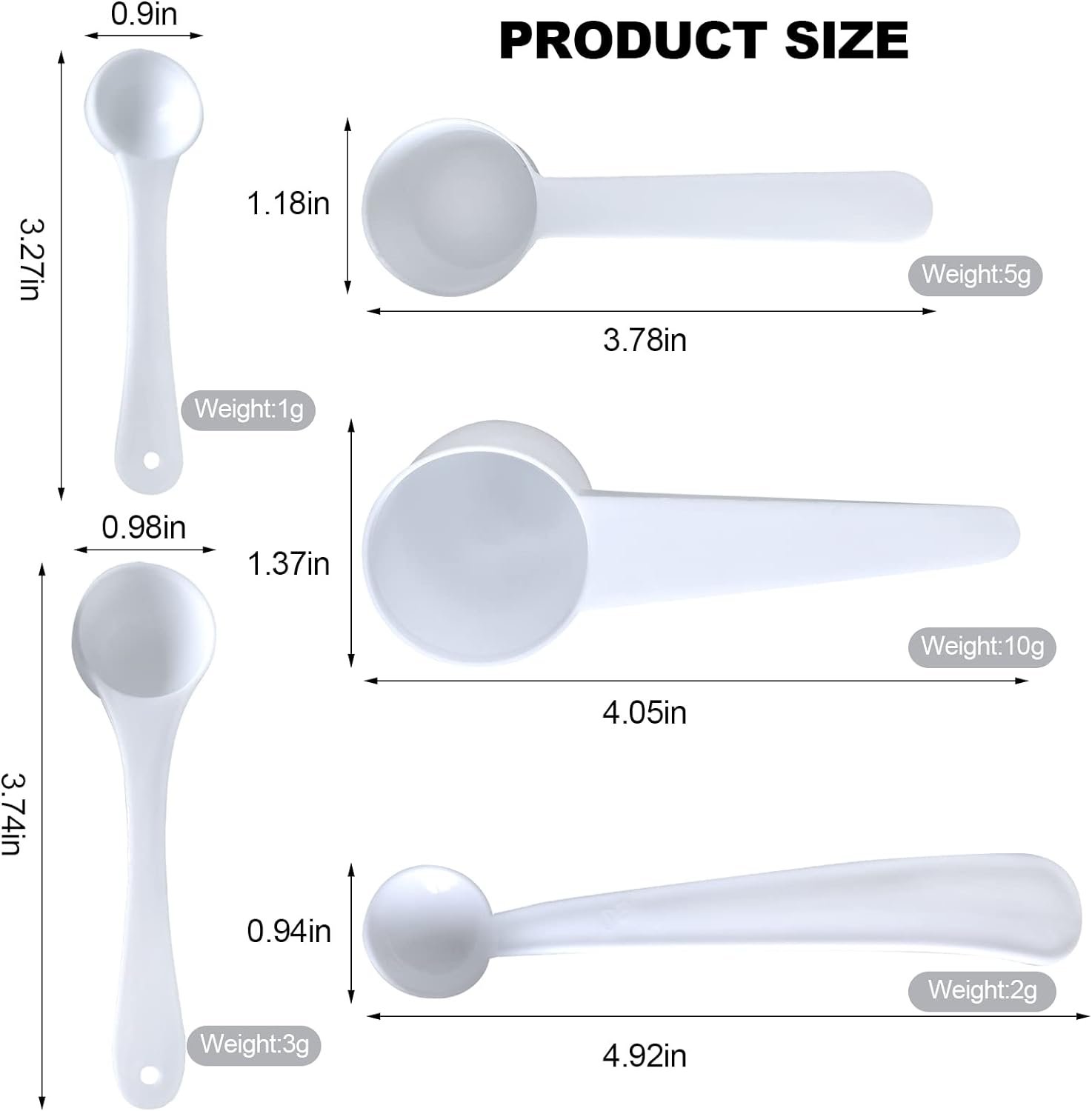 set of 5 plastic measuring spoons (1 g, 2 g, 3 g, 5 g, 10 pcs.) for measuring powders, granules, coffee, pet food, cereals, as well as for dispensing spices and other dry goods.