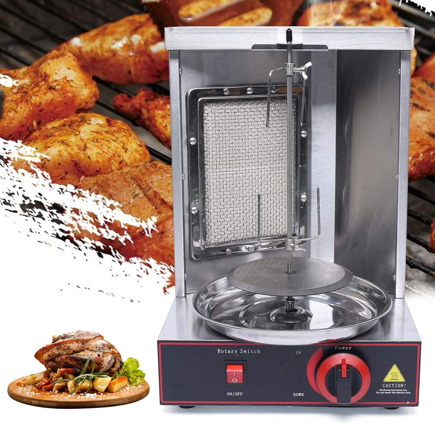 Shawarma Grill Machine Commercial Electric Vertical Rotating Rotisserie Shawarma Machine 3KW Doner Kebab Machine Meat Grill Broiler Shawarma Gyro Grilling with Meat Catch Pan for Family Restaurants