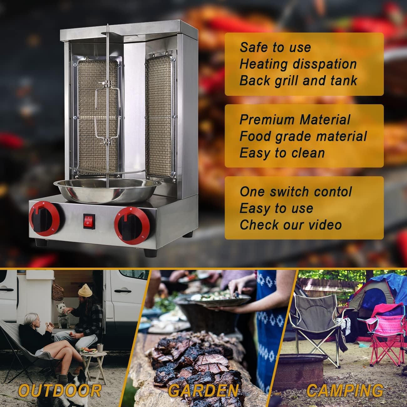 Shawarma Machine Doner Kebab Grill 110v Gyro Rotisserie Propane Gas Vertical Broiler with 2 Burners Stainless Steel Body for Restaurant Dinner Home Kitchen Shawarma Machine Doner Kebab Grill 110v Gyro Rotisserie Propane Gas Vertical Broiler with 2 Burners Stainless Steel Body for Restaurant Dinner Home Kitchen