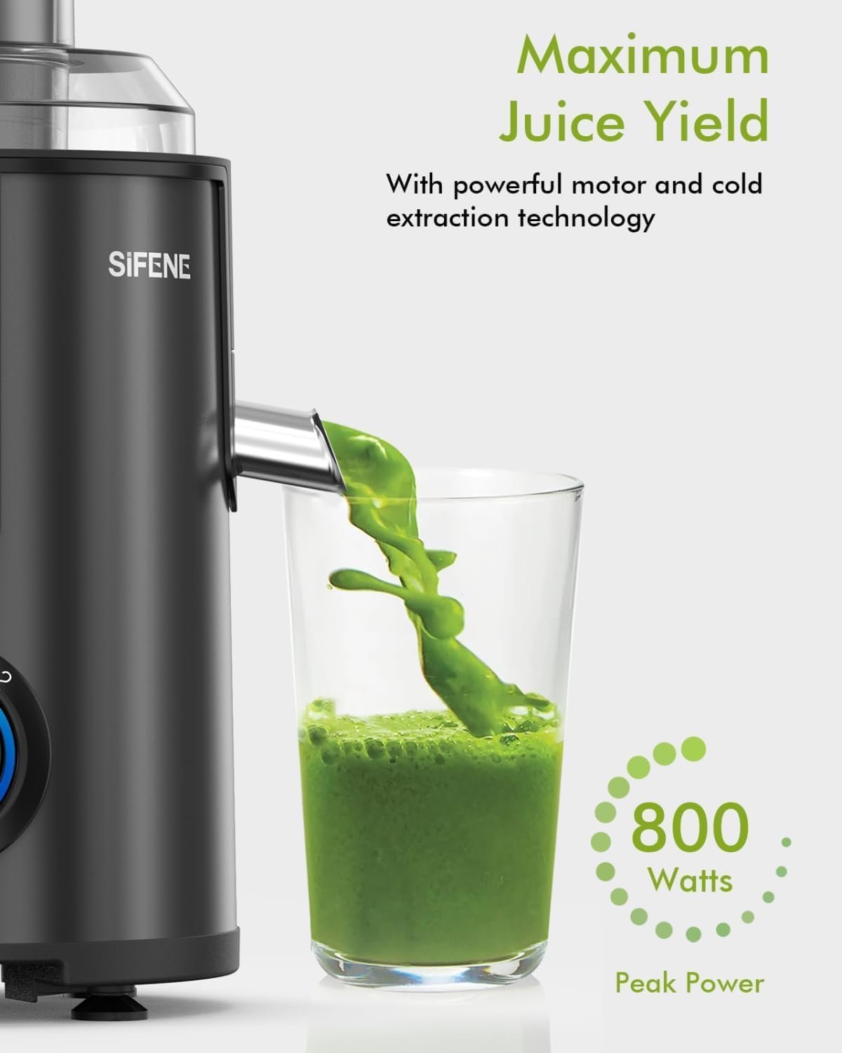 SiFENE 800W Powerful Juicer Machines with 3.2 Big Mouth for Whole Fruits and Veggies, Juice Extractor Maker with 3 Speeds Settings, Easy to Clean, BPA Free, Stainless Steel Green