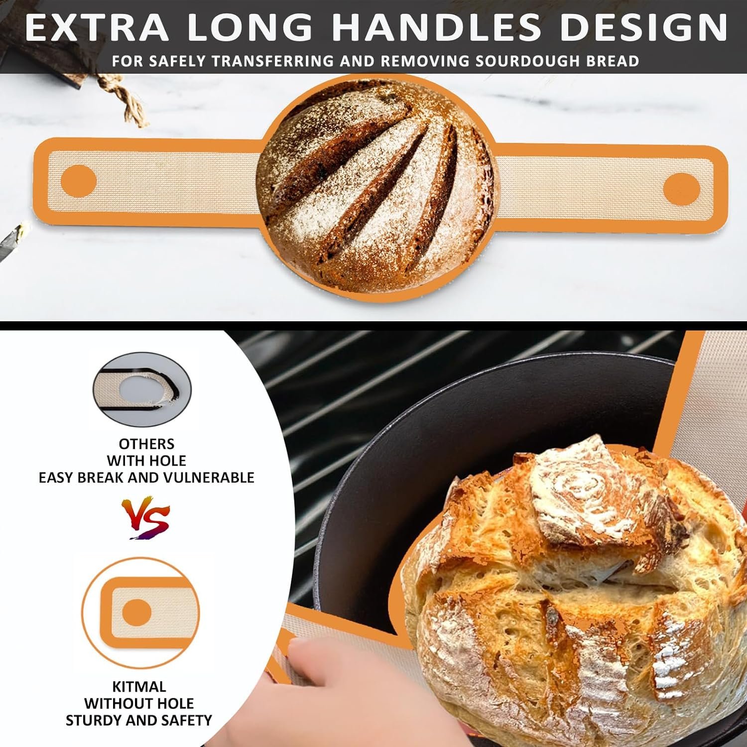 Silicone Bread Sling Oval and Round for Dutch Oven, KITMAL Non Stick Reusable Silicone Baking Mat with Long Handles Sourdough Bread Baking Supplies and Making Tools, Orange Silicone Bread Sling Oval and Round for Dutch Oven, KITMAL Non Stick Reusable Silicone Baking Mat with Long Handles Sourdough Bread Baking Supplies and Making Tools, Orange
