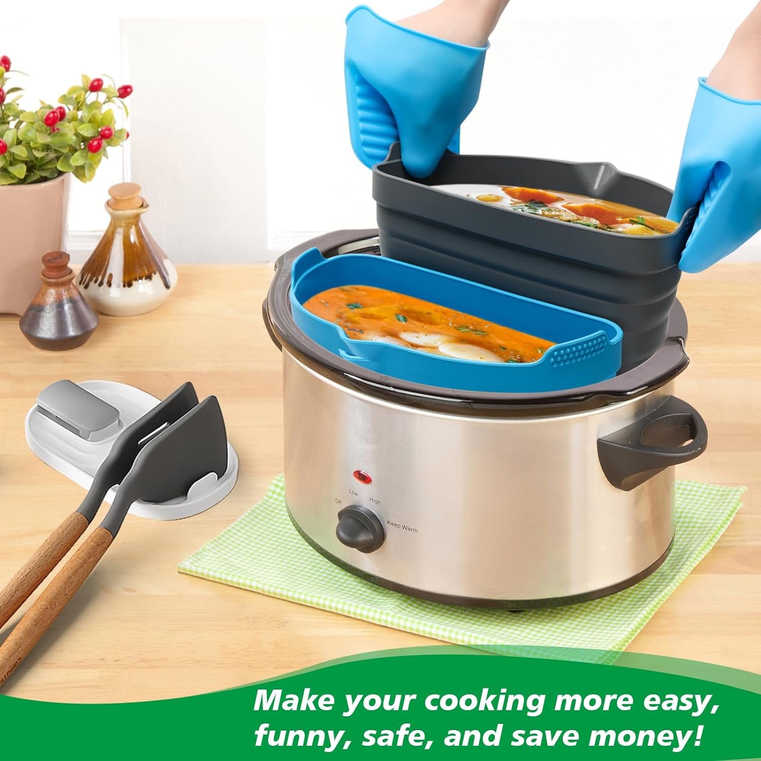 Silicone Cooker Liners Set, Foldable Cooker Pot Liner for 6-8QT Slow Cooker Dividers, Contain Integrated Pot Mat, 2-in-1 Pot Mat, Plastic Utensil Cradle, 2 PCS Silicone Hand-Clips. Silicone Cooker Liners Set, Foldable Cooker Pot Liner for 6-8QT Slow Cooker Dividers, Contain Integrated Pot Mat, 2-in-1 Pot Mat, Plastic Utensil Cradle, 2 PCS Silicone Hand-Clips.