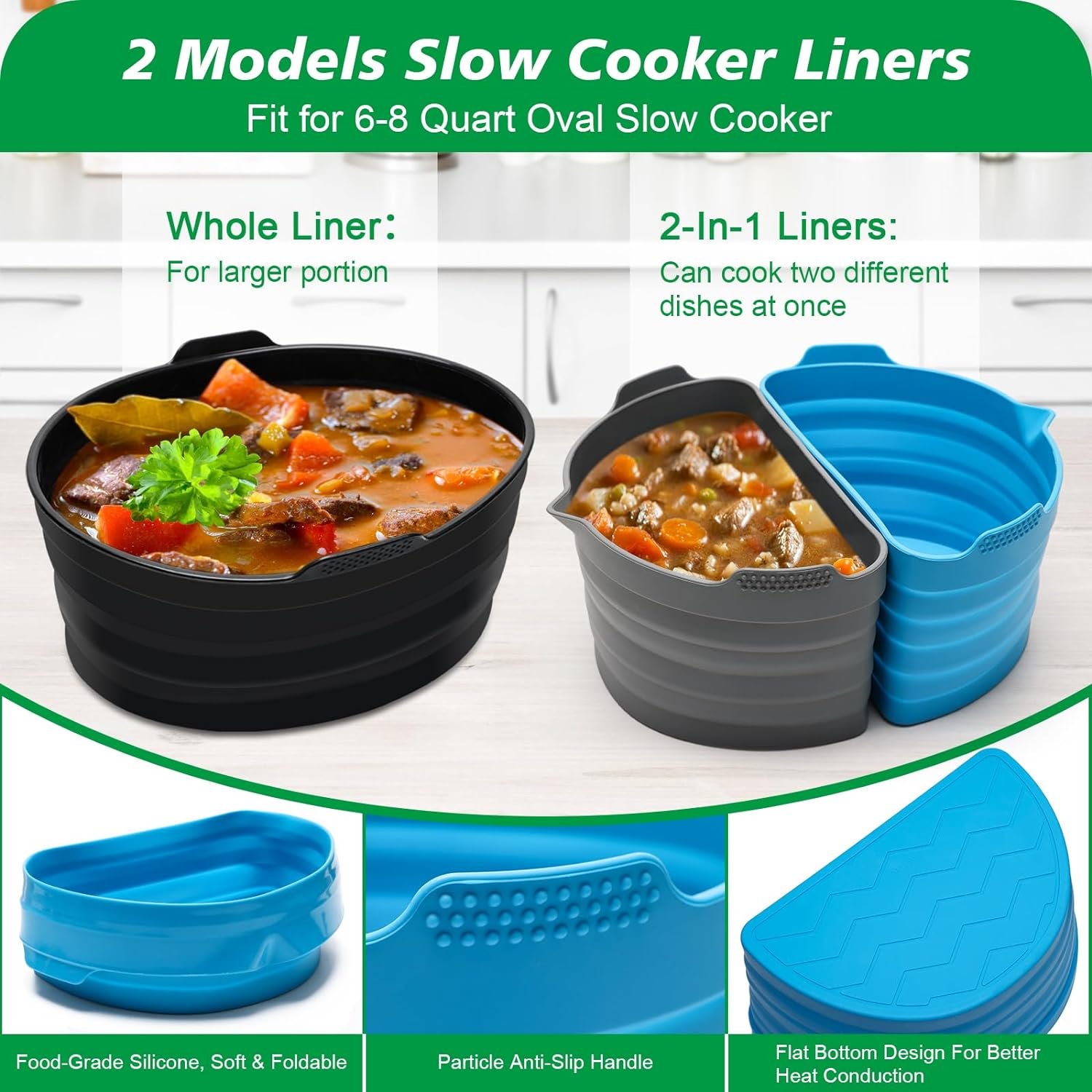Silicone Cooker Liners Set, Foldable Cooker Pot Liner for 6-8QT Slow Cooker Dividers, Contain Integrated Pot Mat, 2-in-1 Pot Mat, Plastic Utensil Cradle, 2 PCS Silicone Hand-Clips. Silicone Cooker Liners Set, Foldable Cooker Pot Liner for 6-8QT Slow Cooker Dividers, Contain Integrated Pot Mat, 2-in-1 Pot Mat, Plastic Utensil Cradle, 2 PCS Silicone Hand-Clips.
