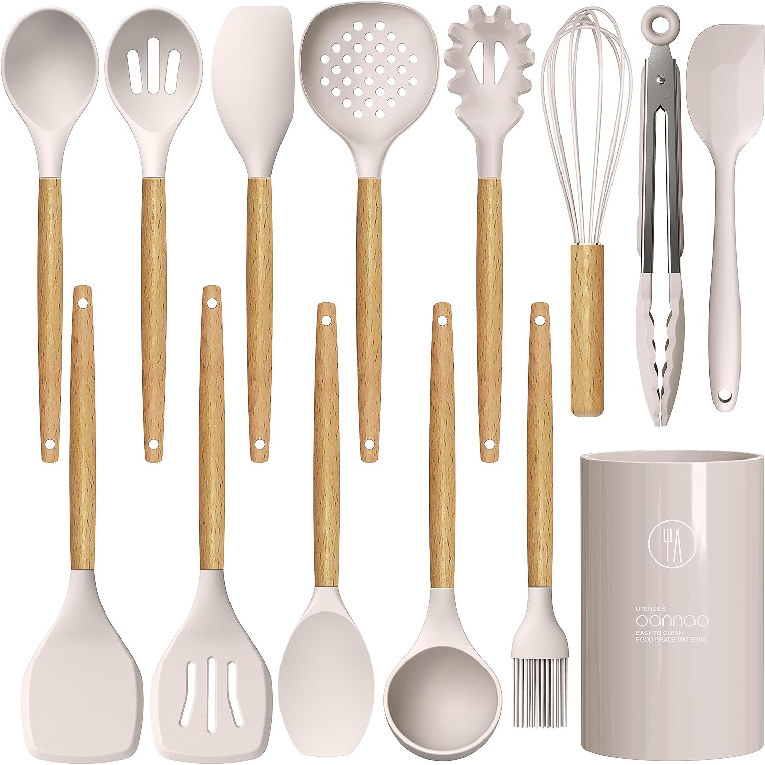 Silicone Cooking Utensils Set - 446°F Heat Resistant Silicone Kitchen Utensils for Cooking,Kitchen Utensil Spatula Set w Wooden Handles and Holder, BPA FREE Gadgets for Non-Stick Cookware (Khaki) Silicone Cooking Utensils Set - 446°F Heat Resistant Silicone Kitchen Utensils for Cooking,Kitchen Utensil Spatula Set w Wooden Handles and Holder, BPA FREE Gadgets for Non-Stick Cookware (Khaki)