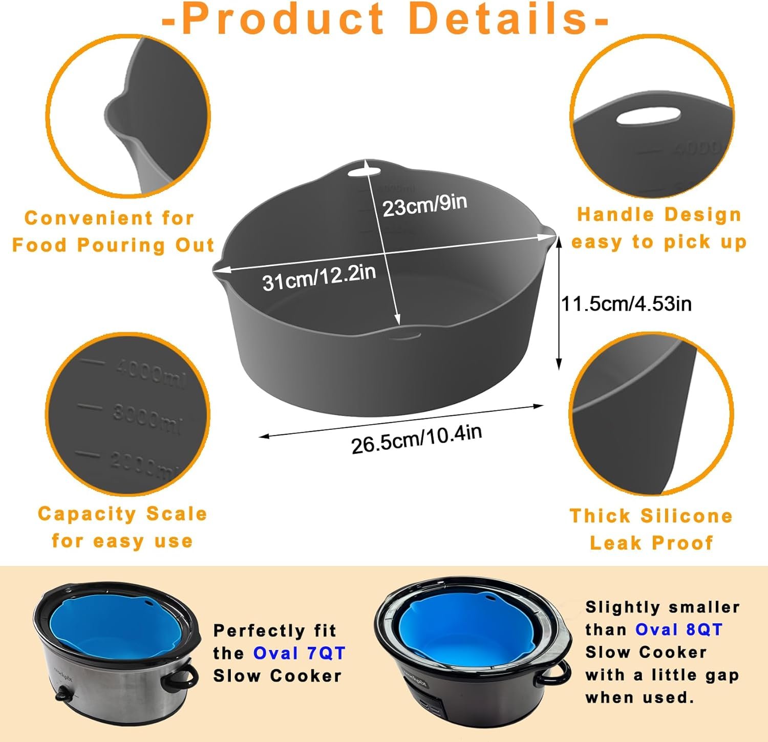 Silicone Crockpot Liner Reusable Fit 7-8 Quart Oval Crock Pots/Slow Cookers- Prolong The Life of Your Slow Cooker (Grey/1pc)